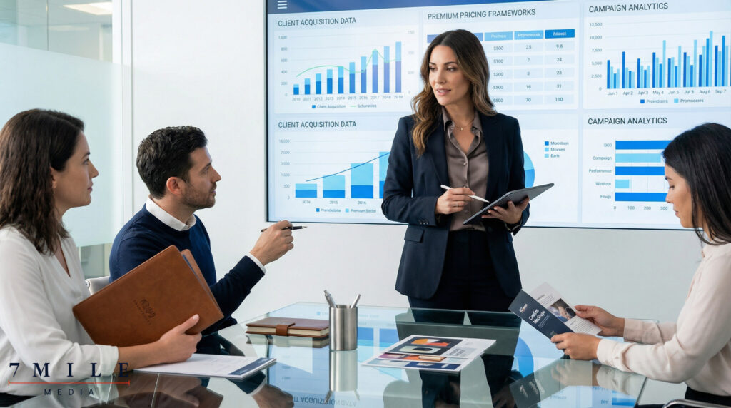 Confident businesswoman leading a strategic marketing session in a modern office, emphasizing premium service and data-driven decision making.