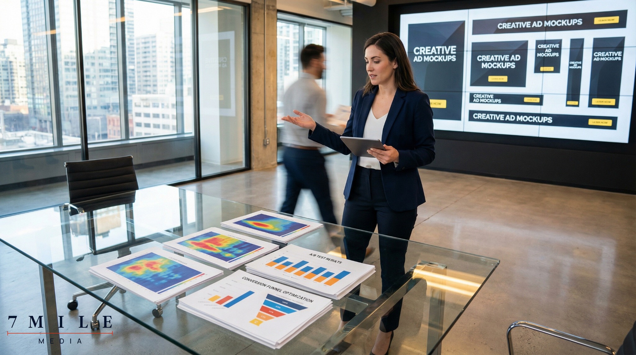 Businesswoman analyzing conversion charts and CRO results in a modern workspace, symbolizing data-driven optimization.