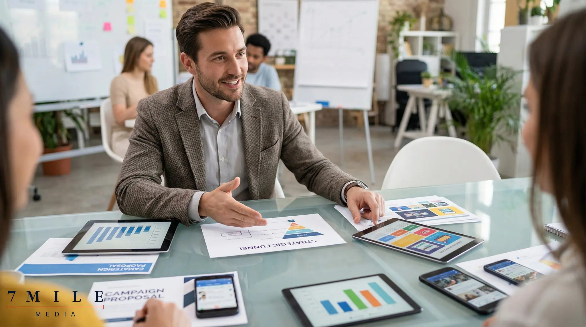 Professional marketer planning Facebook and Instagram ad tactics with creative assets and analytics in a modern workspace.