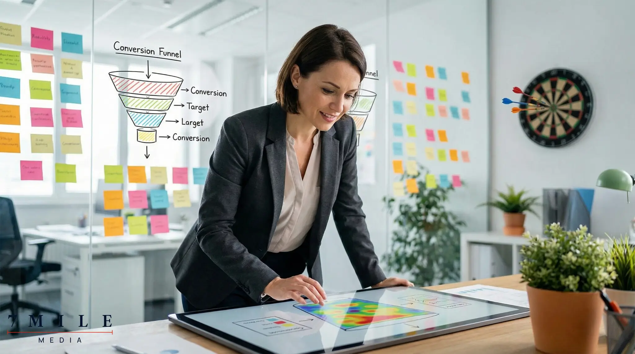 Businesswoman analyzing landing page heatmap and conversion funnel diagrams in a modern marketing workspace