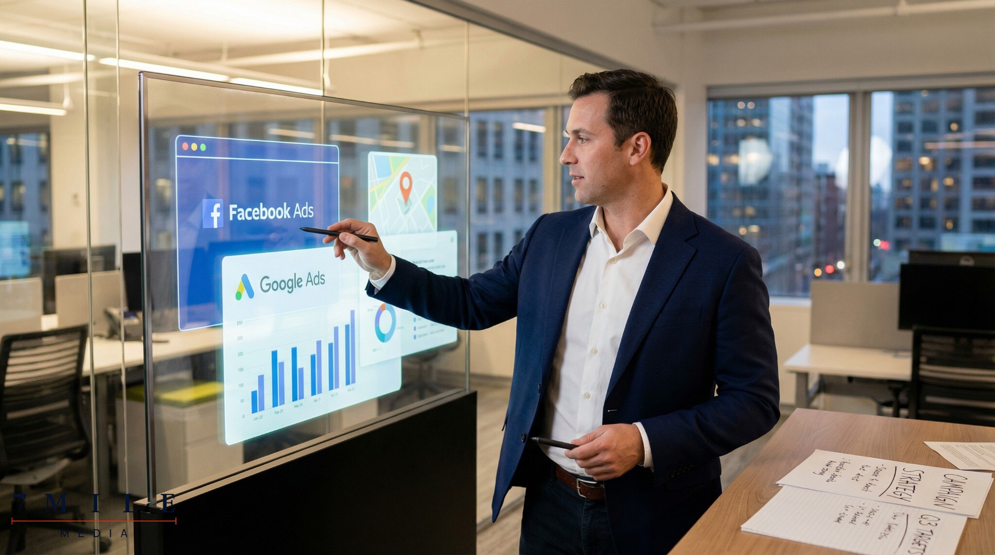 Business professional strategizing Facebook and Google Ads in a modern workspace with digital marketing dashboards.