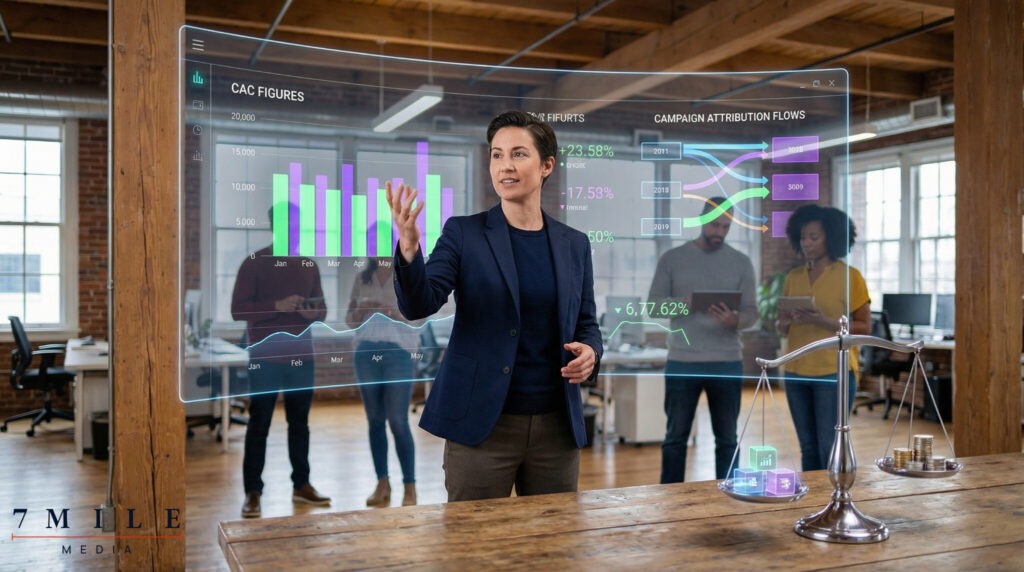 Business professional in creative workspace analyzing digital dashboard with CAC metrics and campaign attribution flows