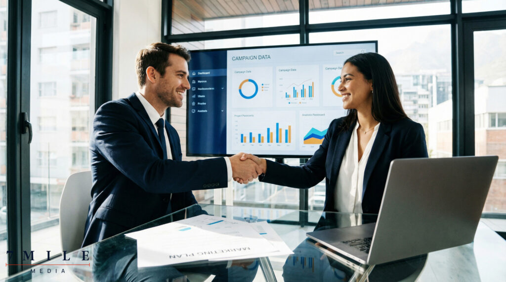 Business professional and client shaking hands in a bright office with digital marketing analytics in the background.