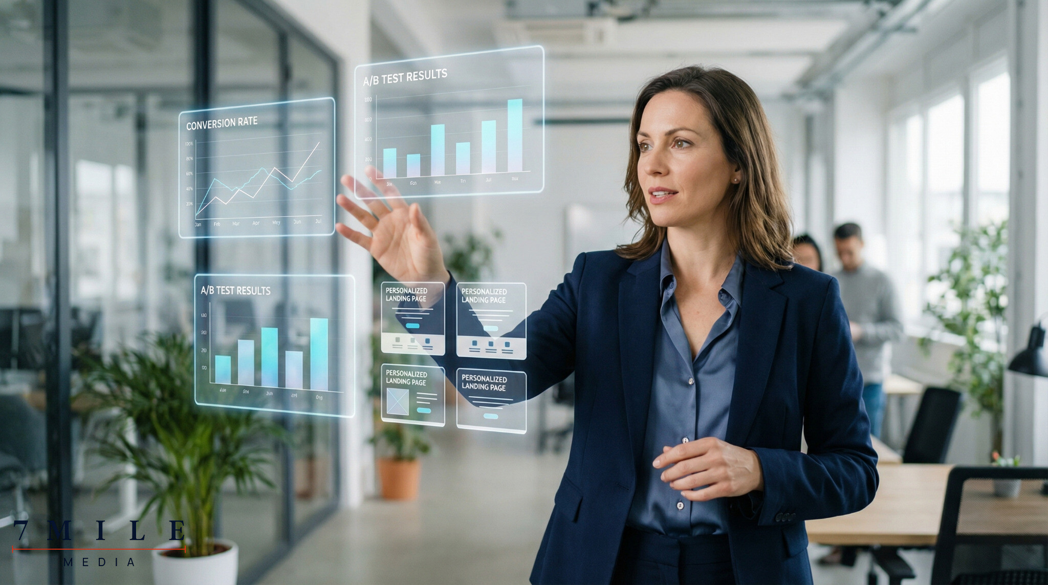 Professional businesswoman in modern workspace with digital overlays of conversion graphs and landing page elements, illustrating data-driven optimization.