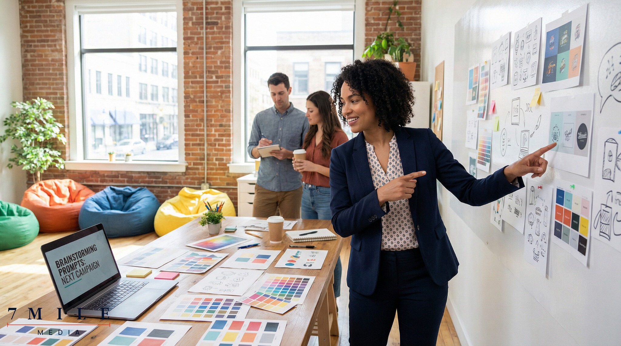 Businesswoman brainstorming ad creative ideas in a vibrant office, surrounded by ad mockups, mood boards, and digital concept art, representing AI-powered marketing creativity.