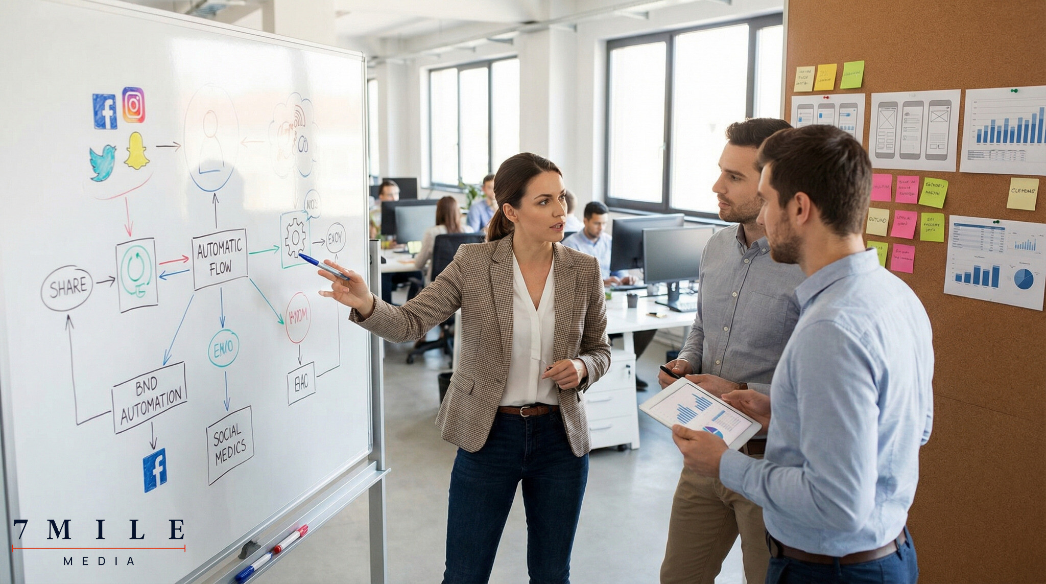 Businesswoman and colleagues strategizing marketing automation workflows at a whiteboard with digital marketing icons