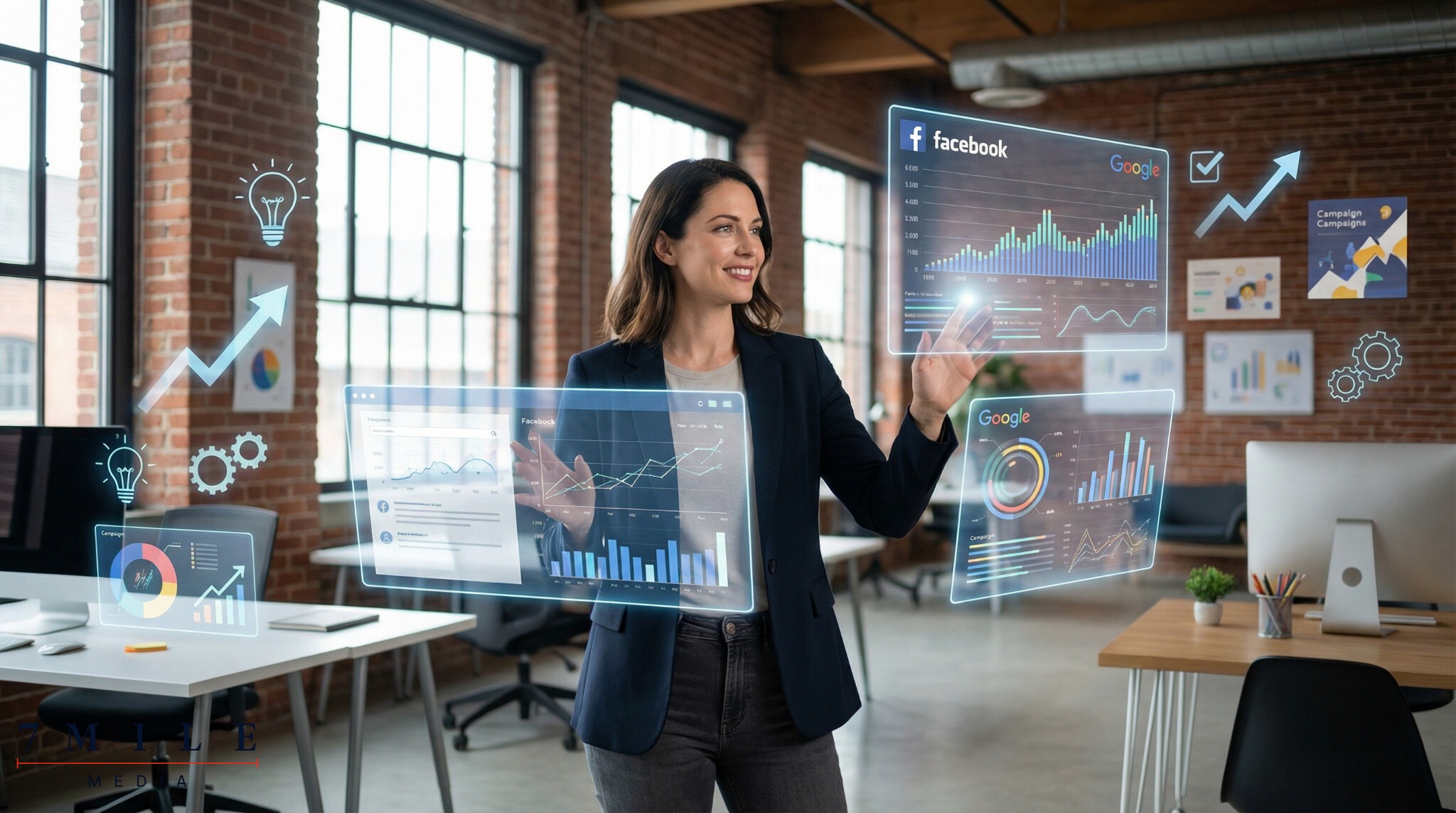 Businesswoman analyzing Facebook and Google ad campaign analytics on futuristic transparent screens in a creative workspace