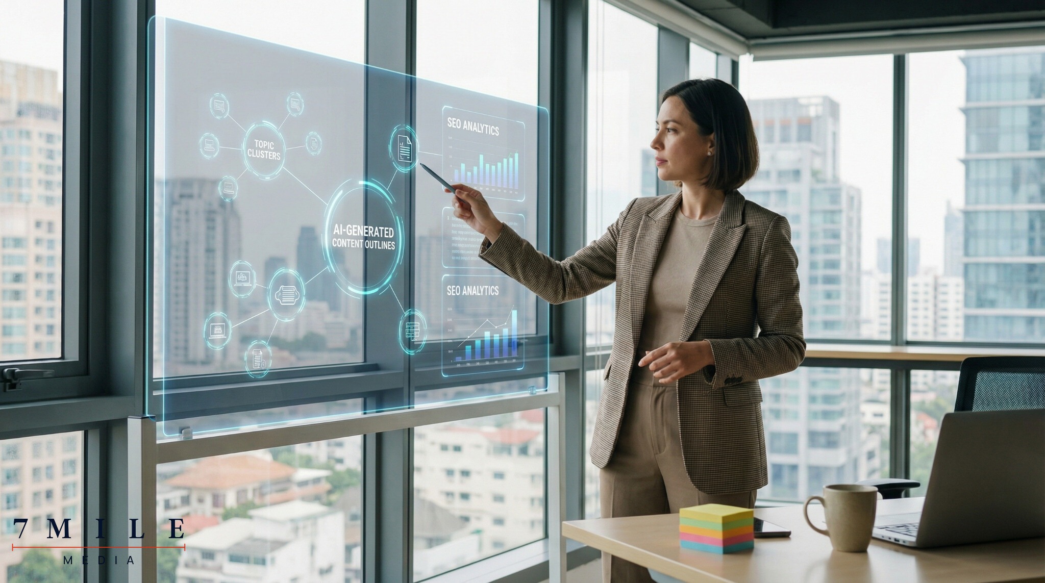 Businesswoman in a modern workspace analyzing AI-generated SEO content outlines on a transparent digital board