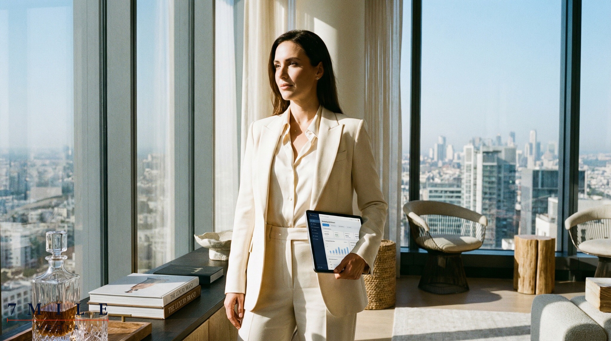 Businesswoman in luxury lounge using tablet for digital marketing, surrounded by high-end decor and cityscape, symbolizing exclusive services and technology.