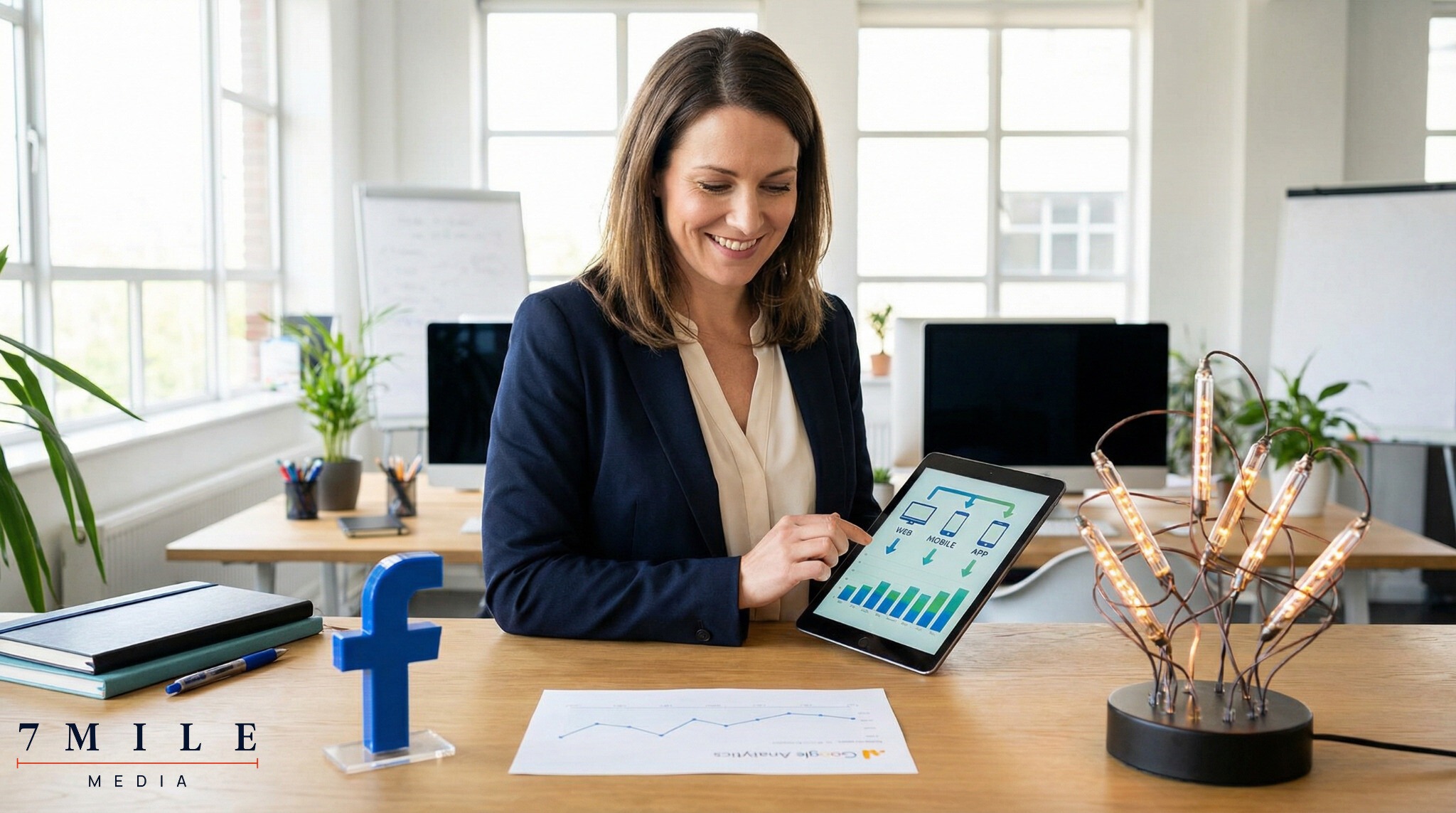 Businesswoman in a creative workspace analyzing conversion tracking data across multiple marketing platforms.