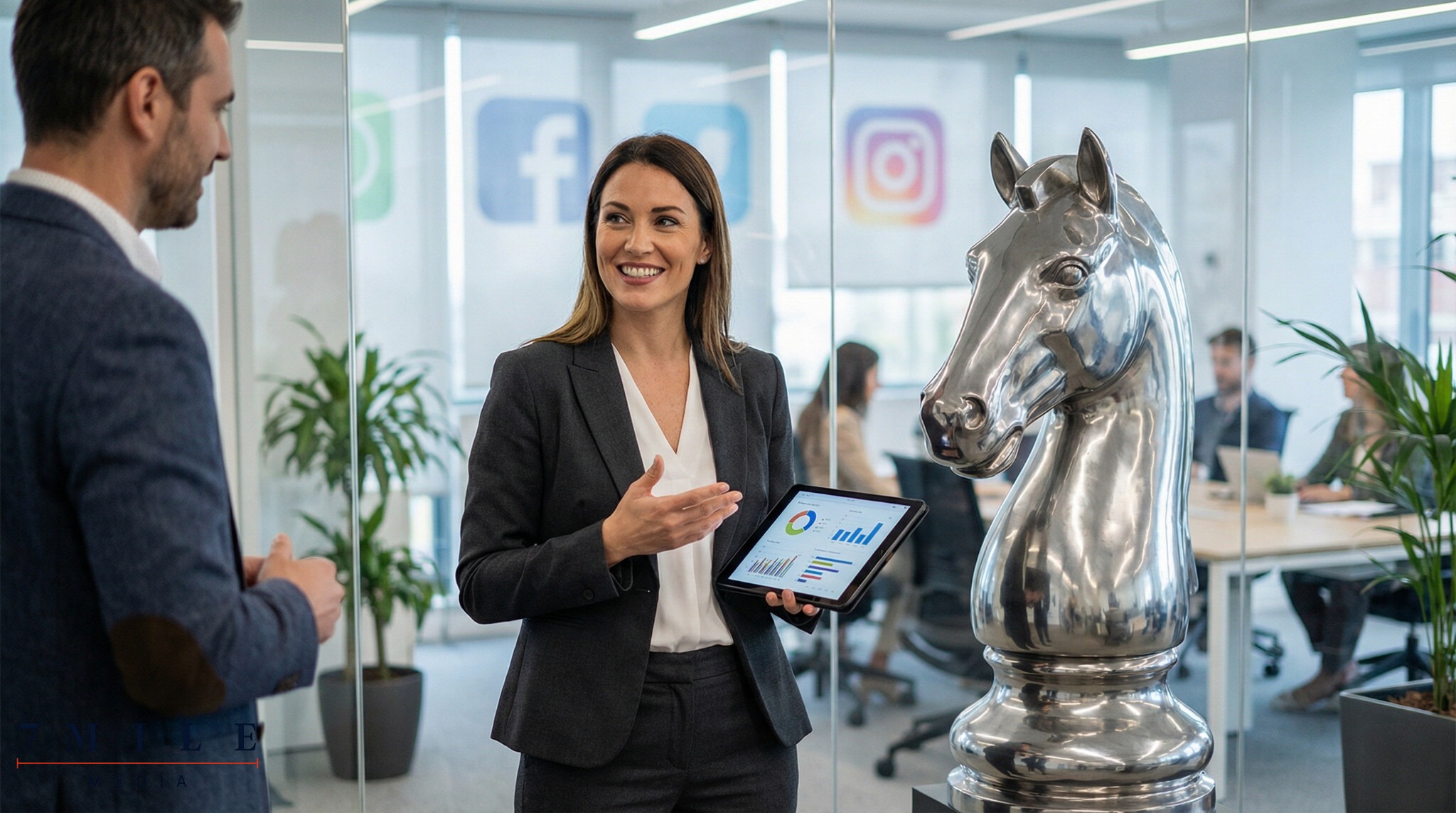 Businesswoman in business attire strategizing conversion optimization with a colleague, holding a tablet next to a chess piece in a modern workspace.