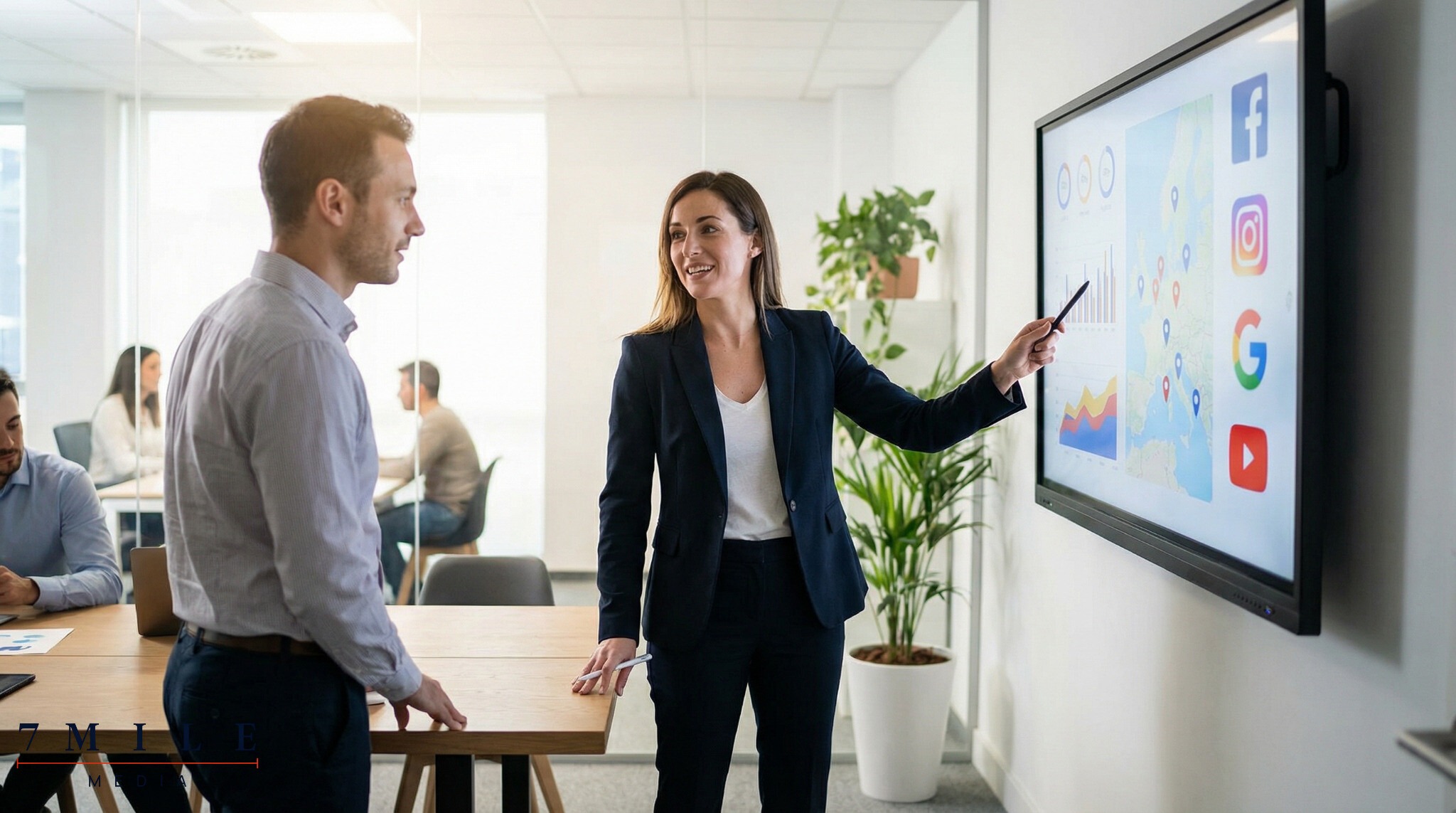 Businesswoman presenting digital lead generation strategies on a touchscreen with campaign charts and social media icons for service-based businesses.