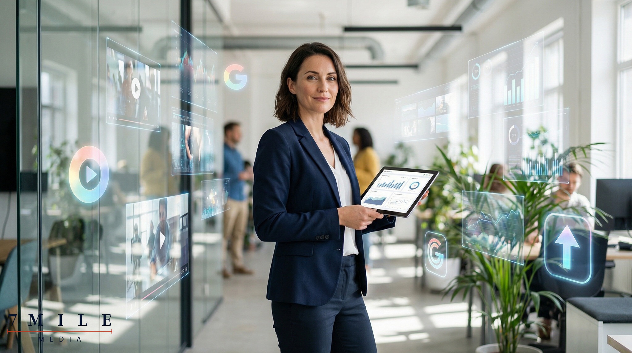 Business professional in modern workspace analyzing digital advertising campaigns for Google and YouTube lead generation