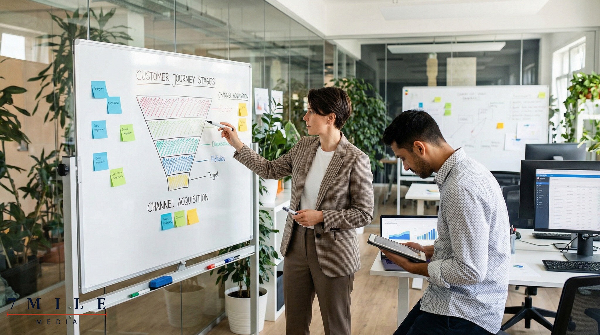 Professional in business attire leading a direct response campaign planning session with customer acquisition charts and marketing strategy tools in a modern workspace