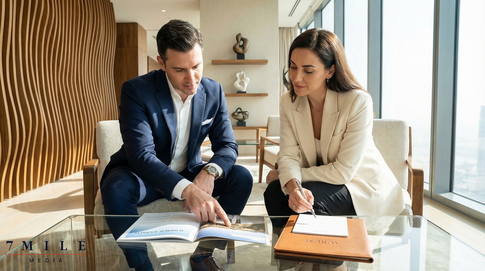 Professional consulting with a client in a luxury lounge, symbolizing high-value lead generation.