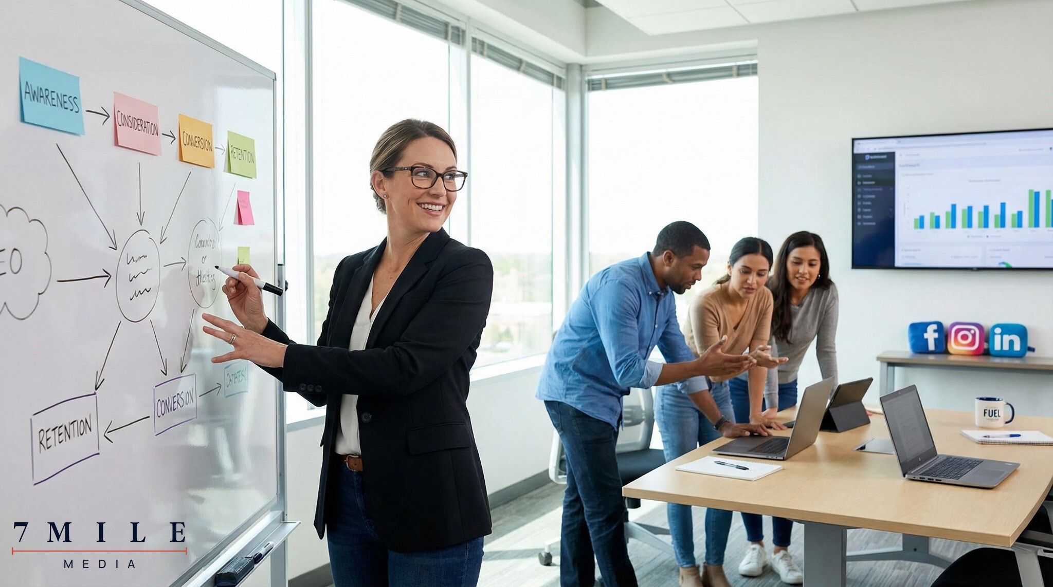 Marketing strategist presenting funnel optimization strategies on a whiteboard, collaborating with team in a bright, creative workspace.