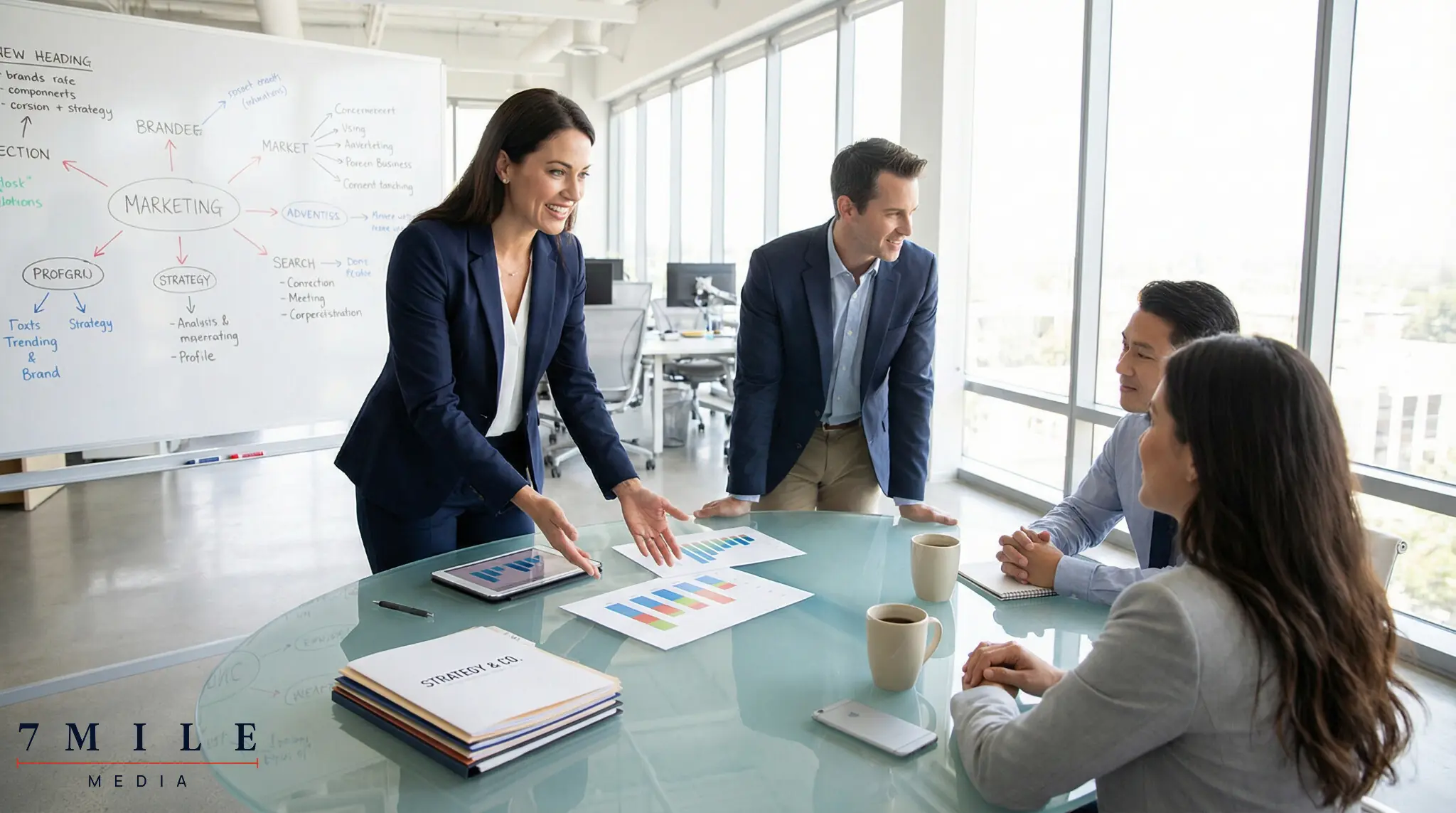 Professional woman presenting marketing agency retainer pricing strategy to team with charts and analytics in a collaborative workspace.
