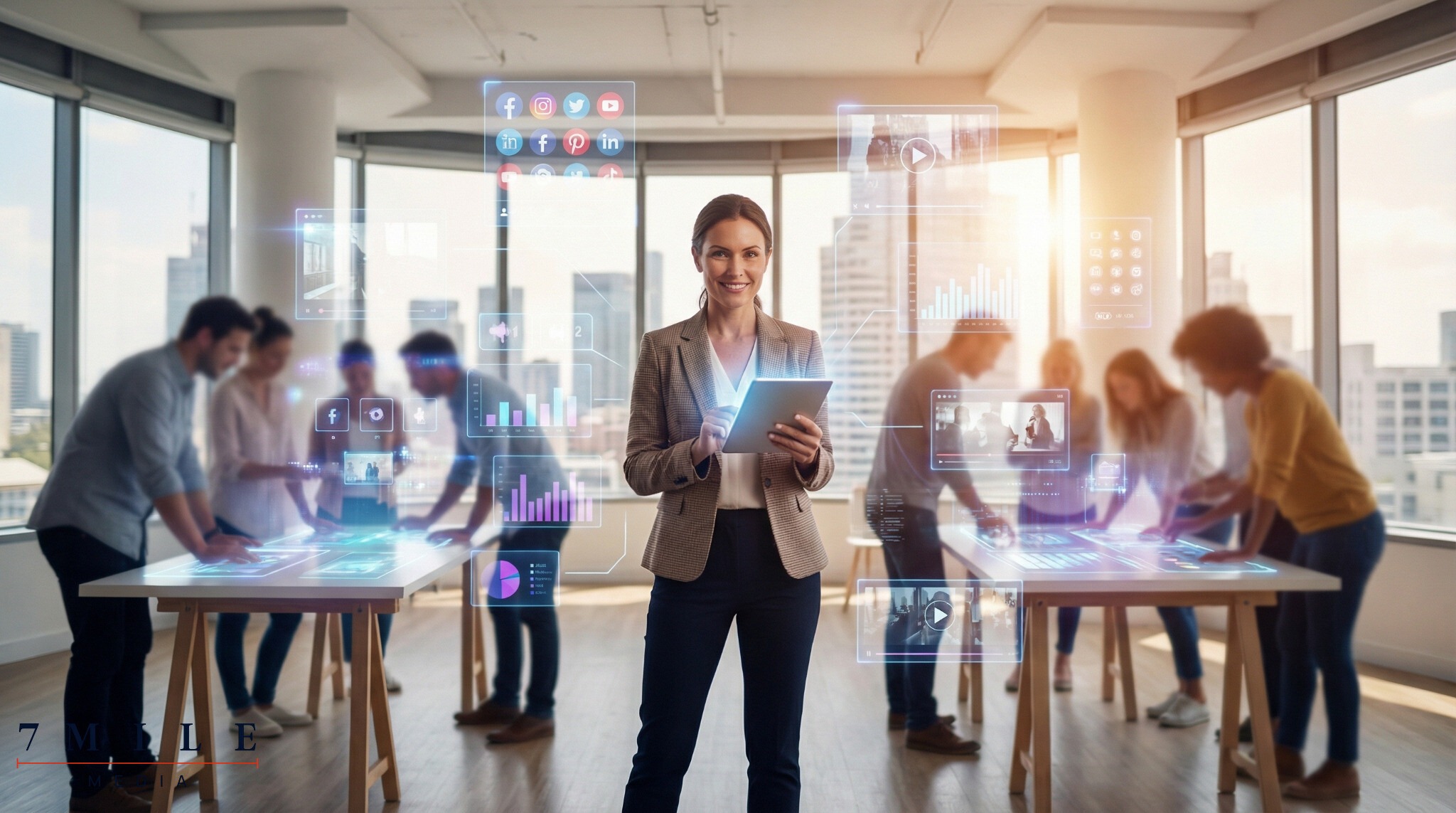 Confident businesswoman in a modern creative workspace surrounded by digital displays representing multi-channel lead generation for high value clients.
