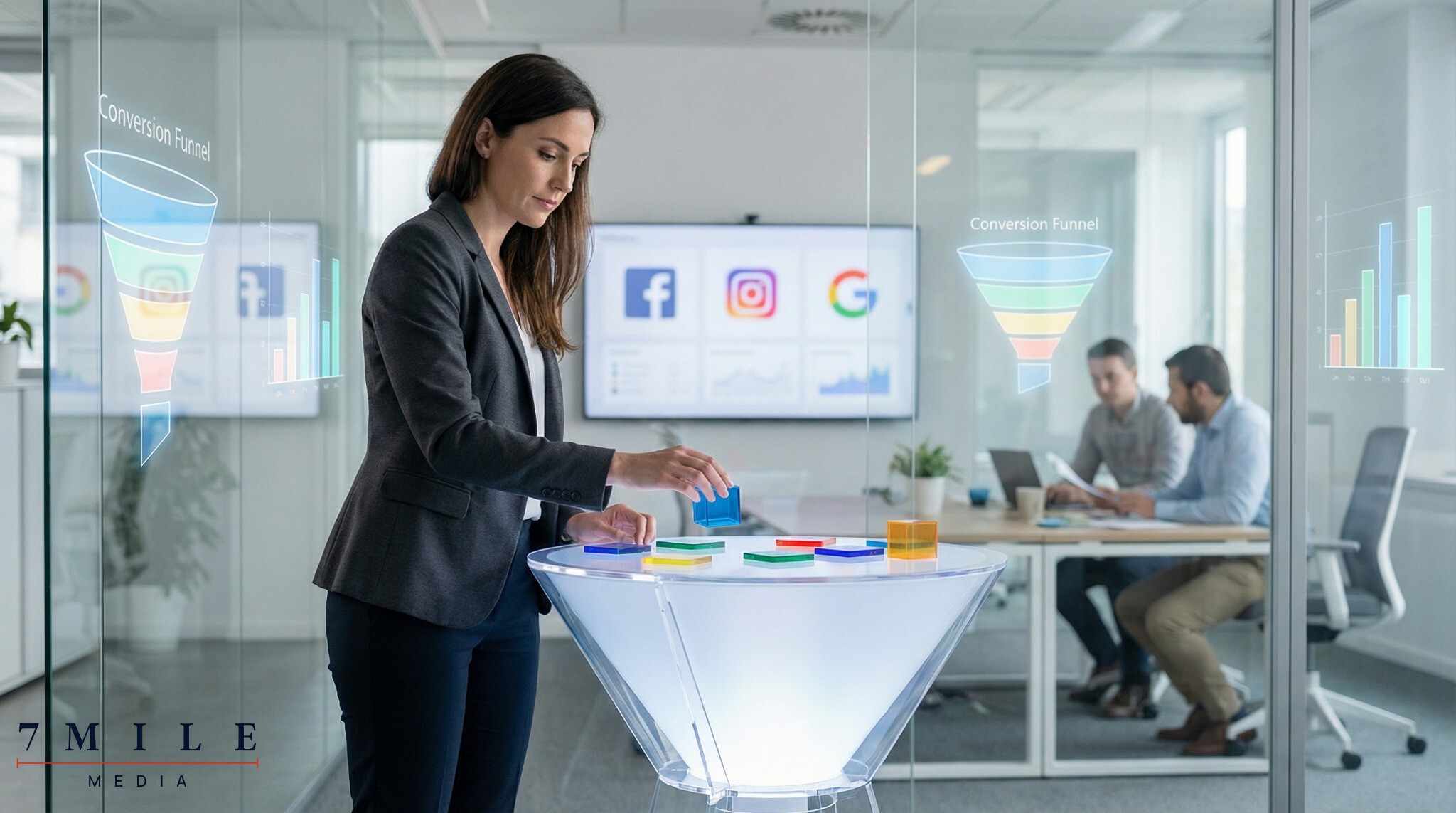 Business professional in modern workspace optimizing a physical funnel with digital data visuals, symbolizing high-ticket funnel optimization strategy.