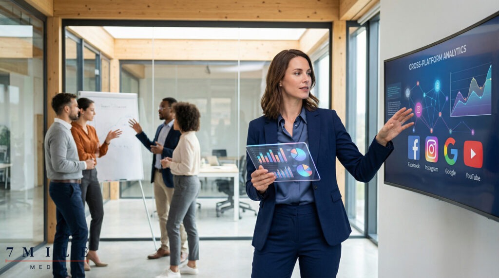 Businesswoman analyzing data-driven marketing strategies on digital devices in a modern workspace, with visualizations of social media platform analytics.
