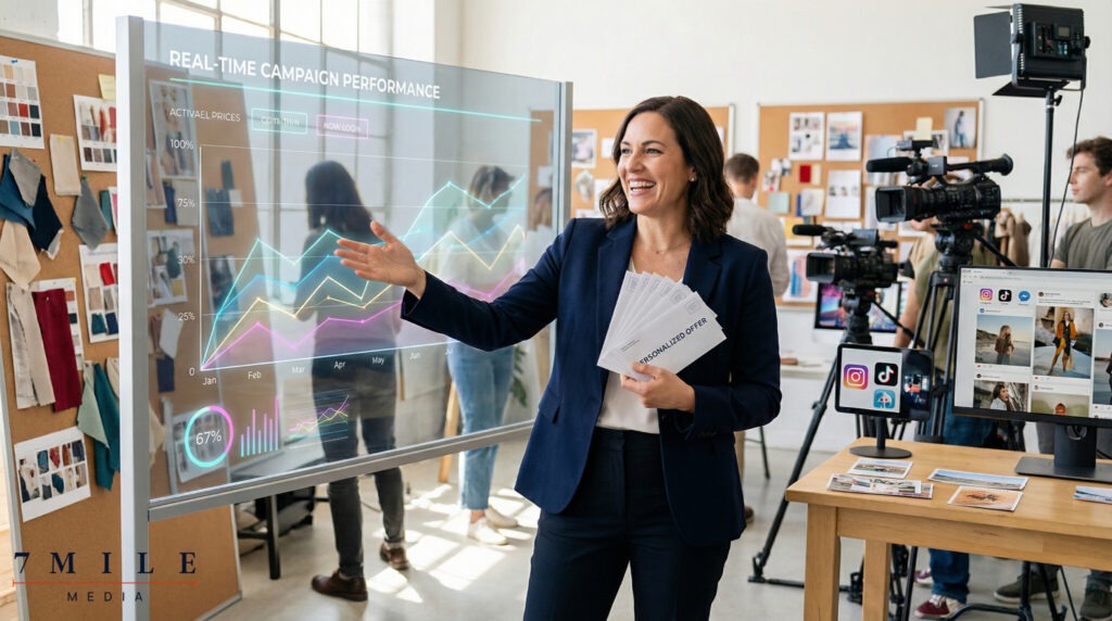 Businesswoman in creative workspace points to campaign data visualization, holding direct mail pieces, symbolizing data-driven direct response marketing.