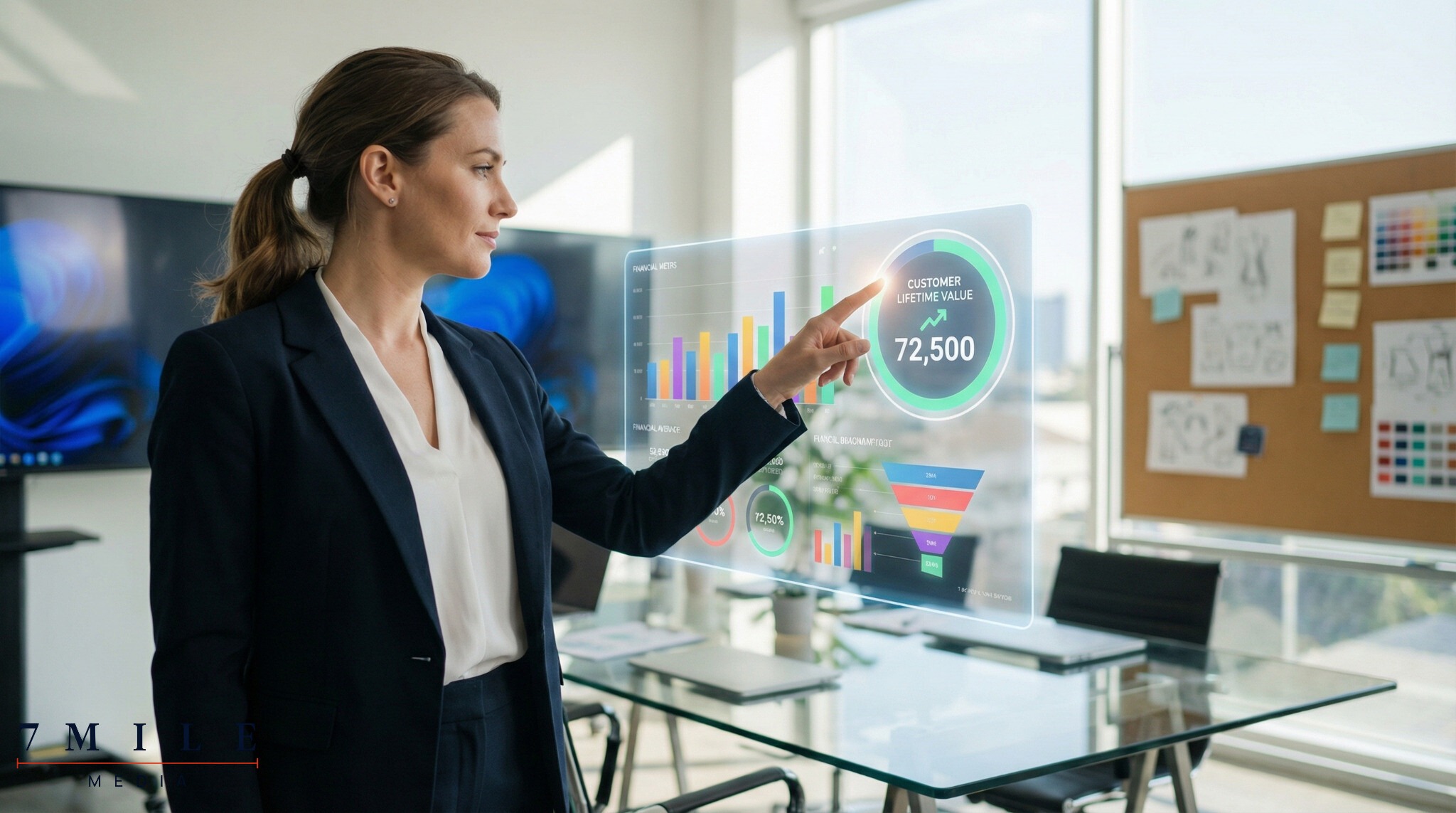 Businesswoman interacting with a digital marketing KPI dashboard in a creative workspace