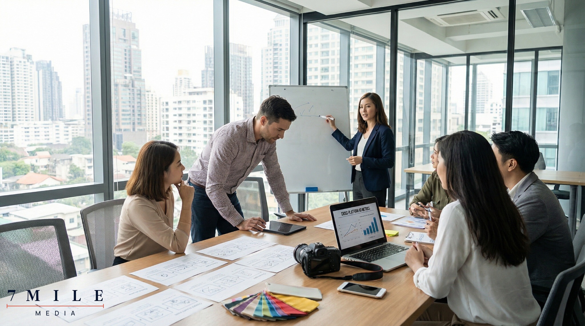 Team of digital advertising professionals collaborating in a modern workspace with campaign mockups and cross-platform analytics dashboard.