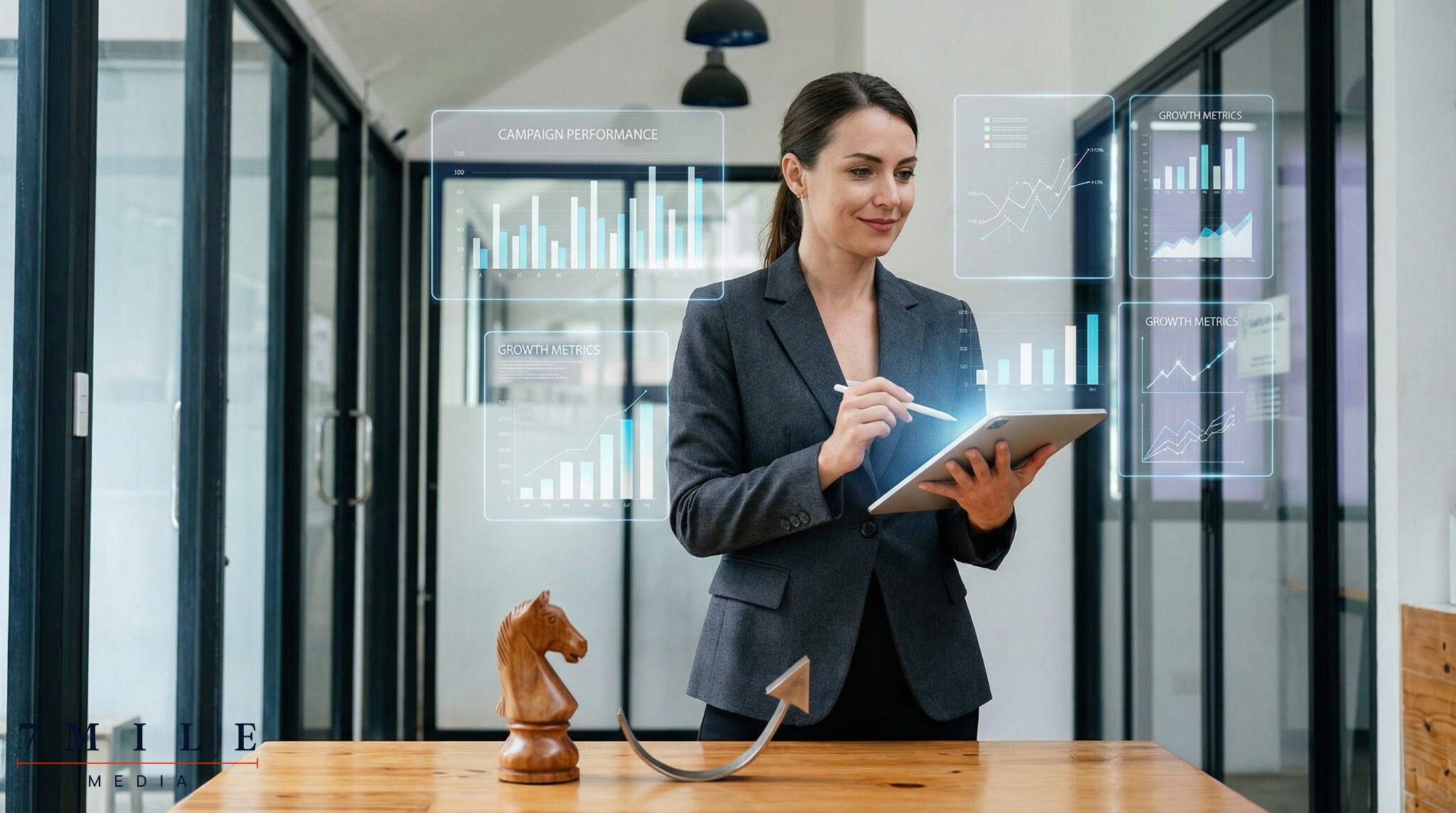 Confident businesswoman in modern office surrounded by digital dashboards, symbolizing data-driven business scaling