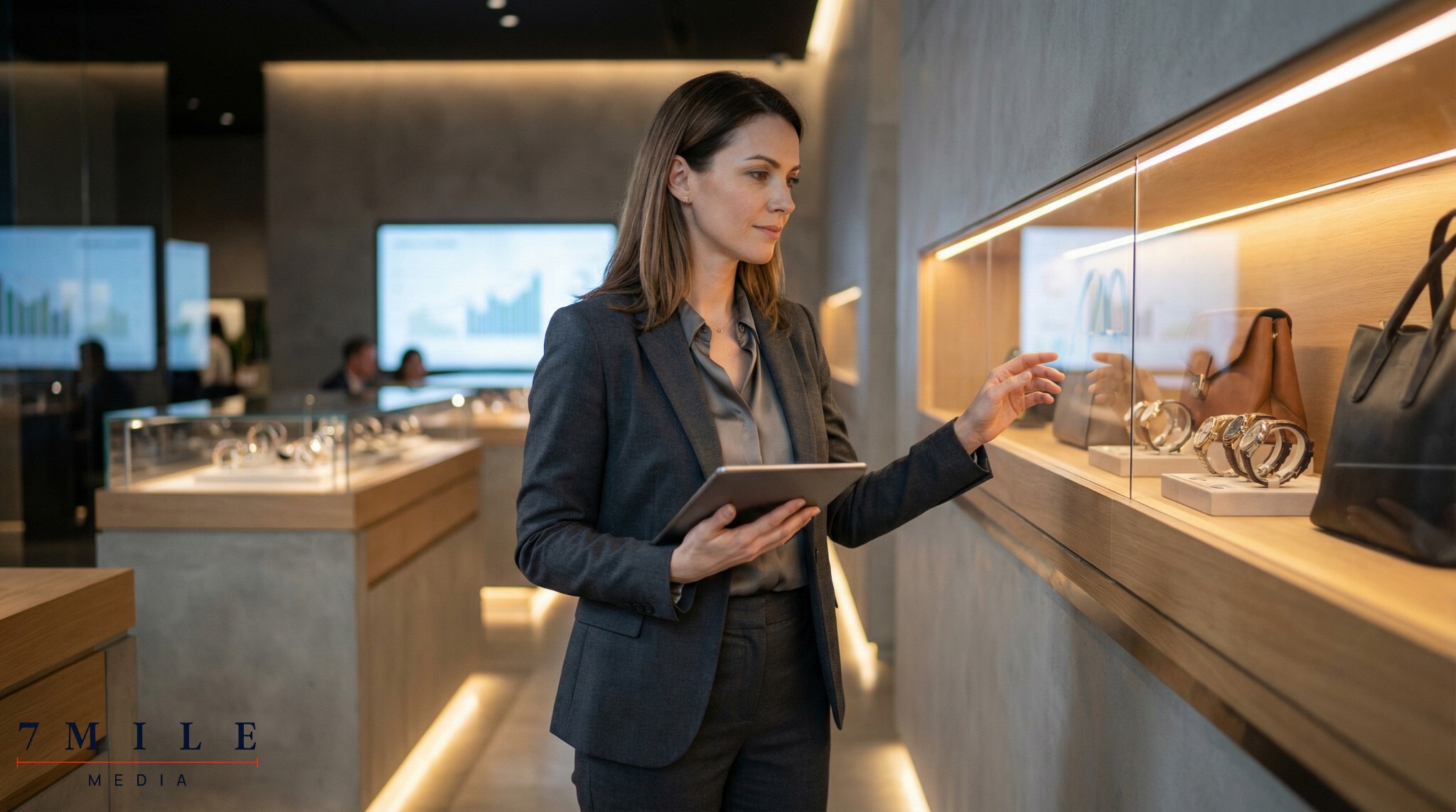 Businesswoman in luxury showroom with designer products, reviewing digital marketing analytics on a tablet