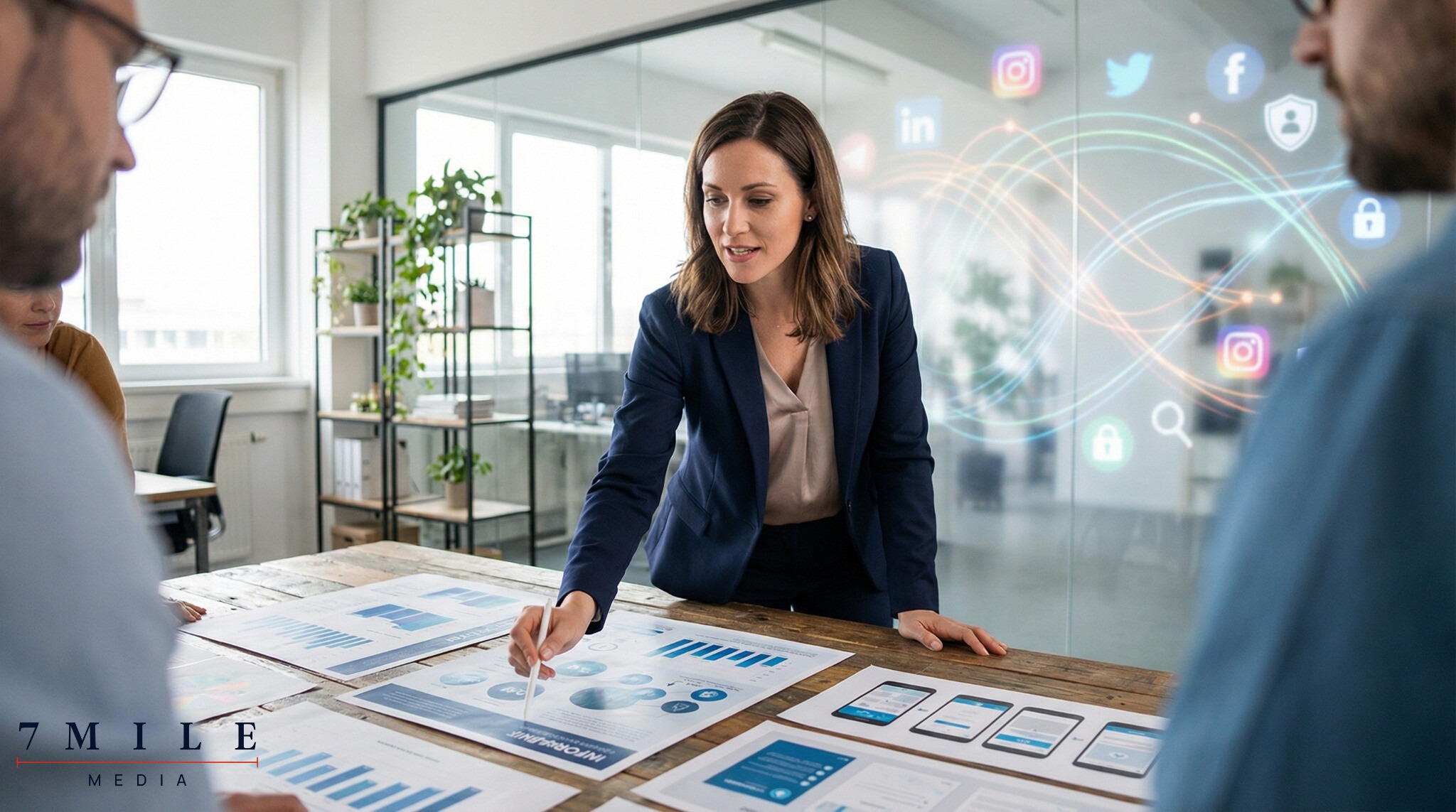 Businesswoman analyzing campaign performance data in a creative workspace with marketing visuals symbolizing digital growth.