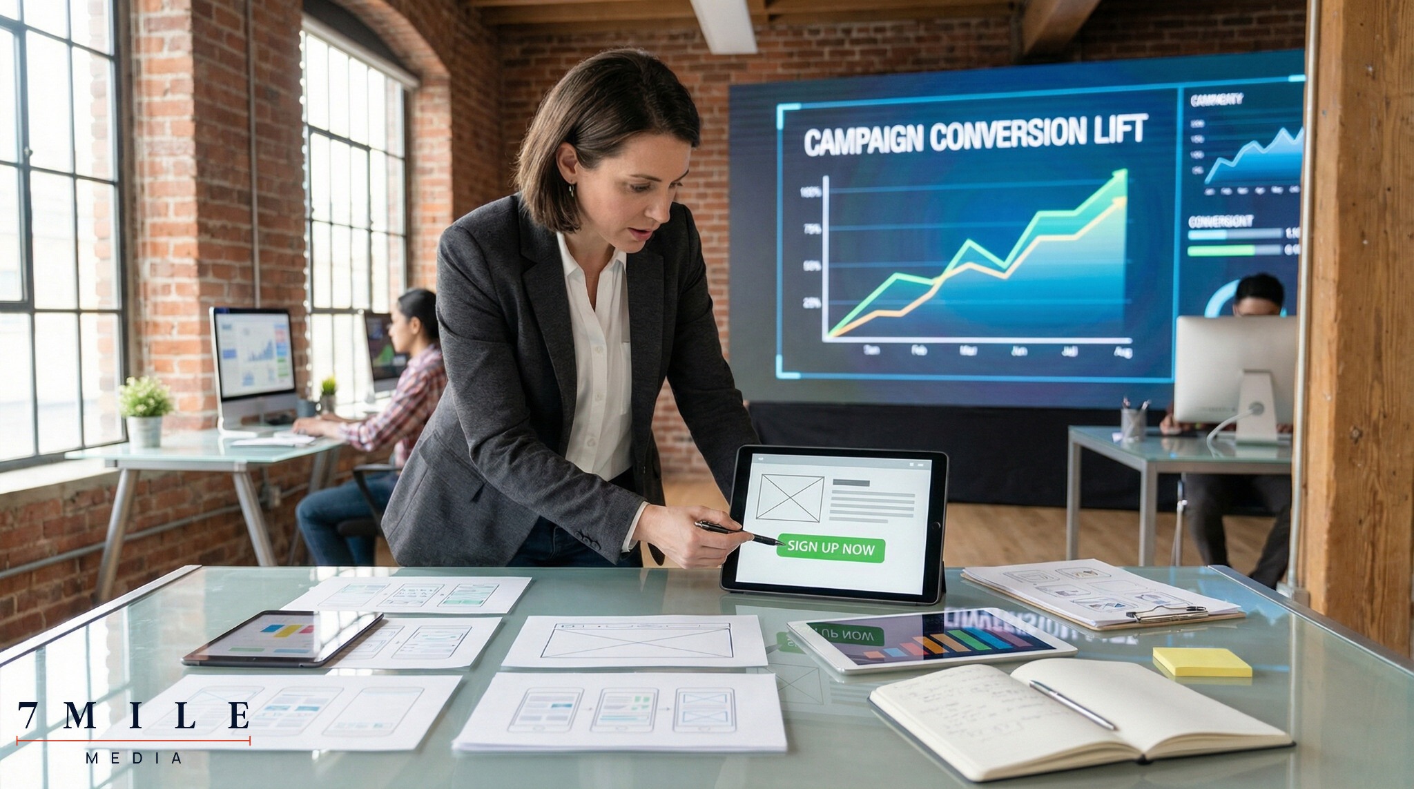 Business professional optimizing landing page designs for paid ads, with analytics and conversion-focused elements in a modern workspace.