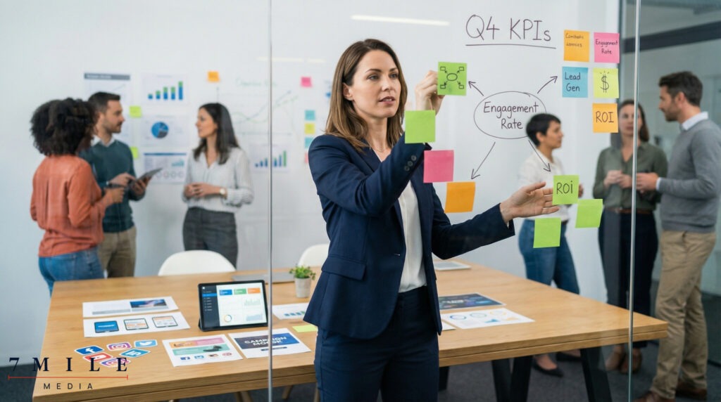 Marketing strategist mapping KPIs on glass wall in modern workspace, surrounded by campaign data and creative materials.