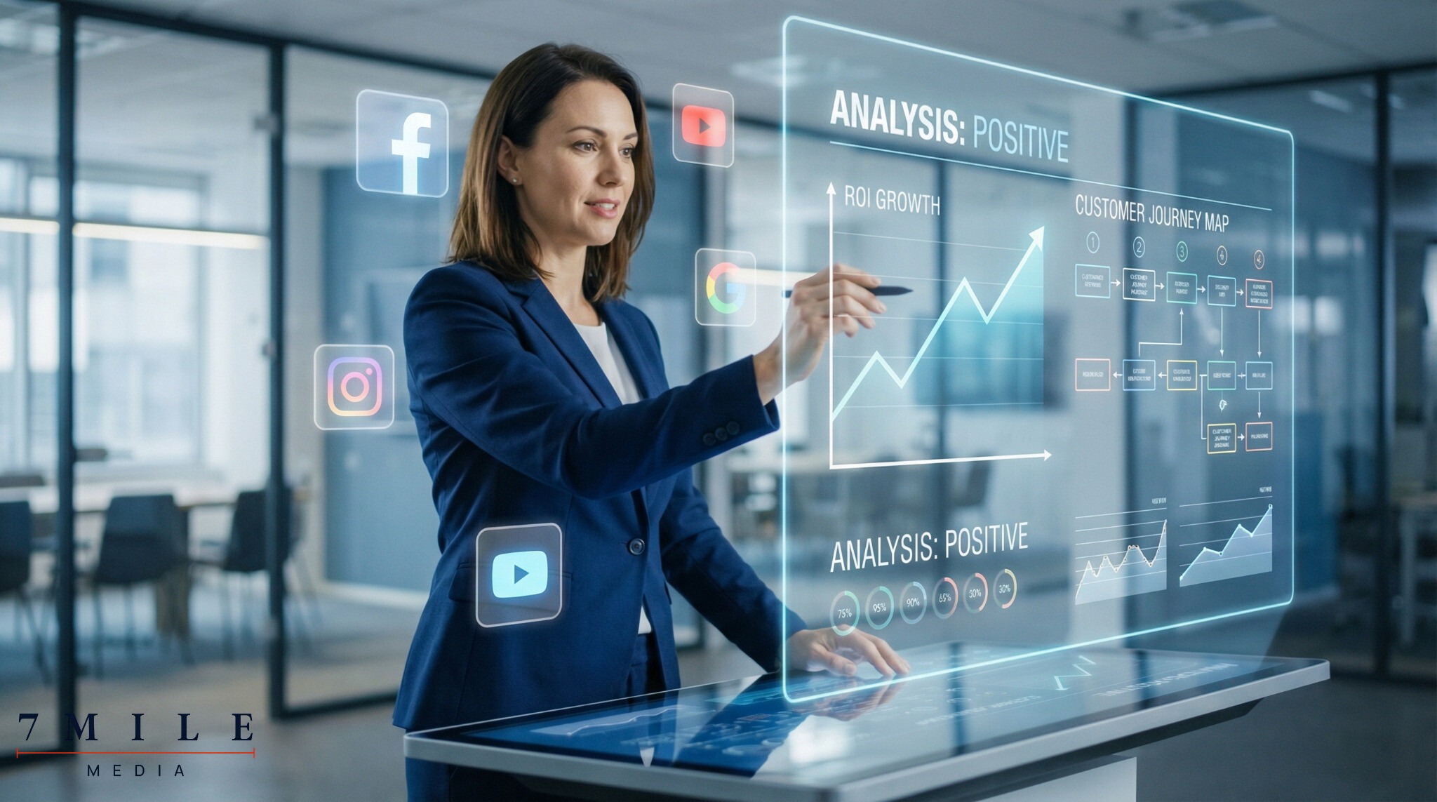 Business professional analyzing digital marketing data on a transparent touchscreen with Facebook, Instagram, Google, and YouTube icons, demonstrating customer acquisition strategy.