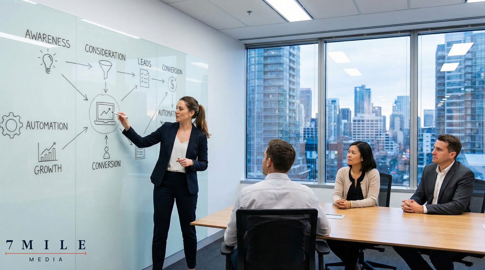 Businesswoman explaining lead generation strategy with a whiteboard to a group in a modern office, showing teamwork and marketing concepts.