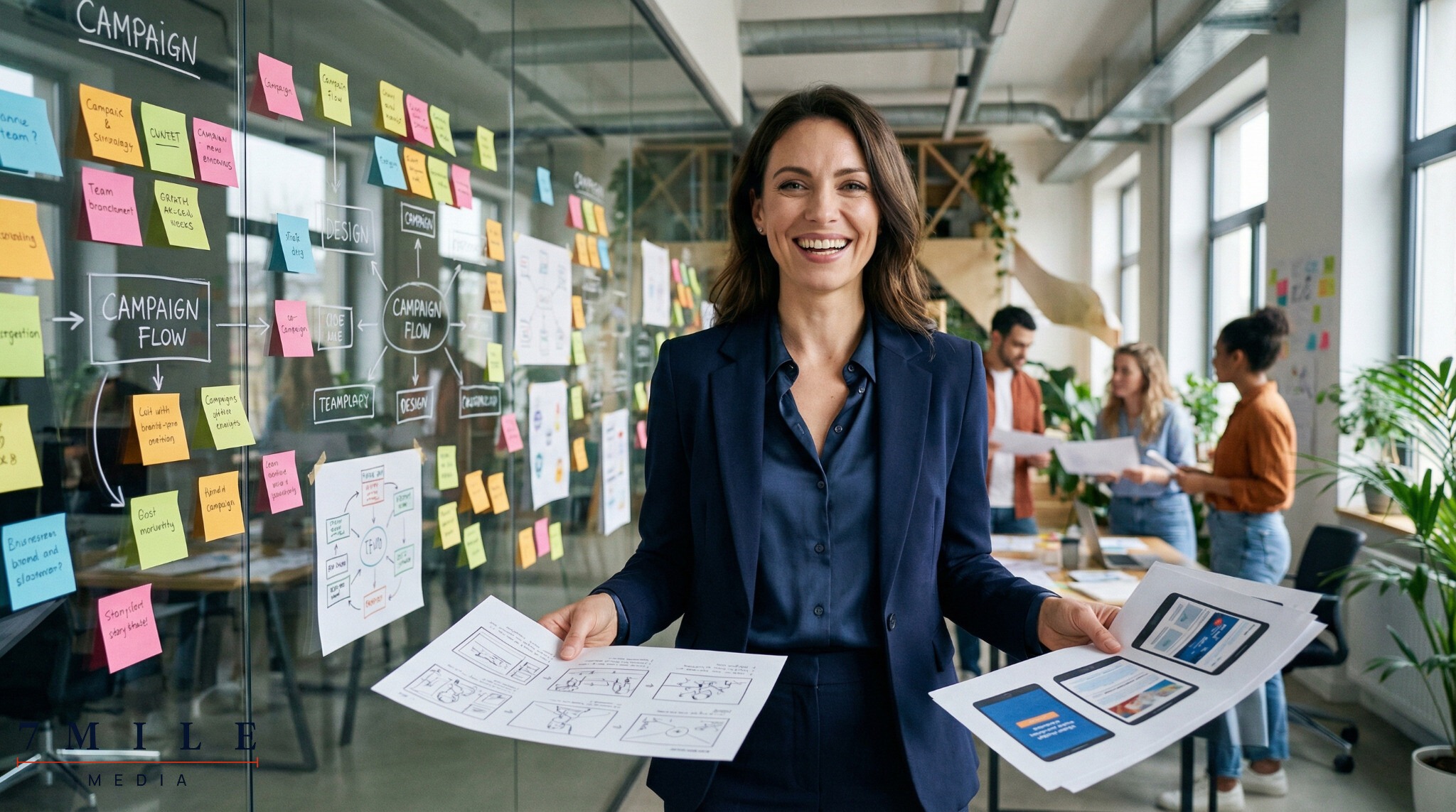 Businesswoman holding ad storyboards in a creative workspace with post-it notes and campaign charts, illustrating premium Facebook advertising strategy.
