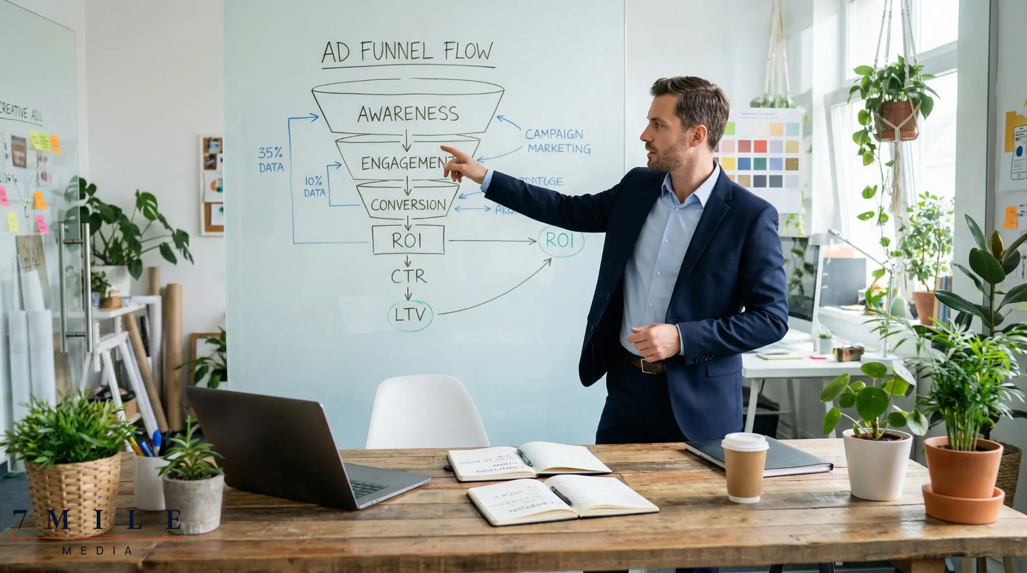 Business professional planning Facebook ad funnels on a transparent board, illustrating funnel stages and metrics for campaign scaling.