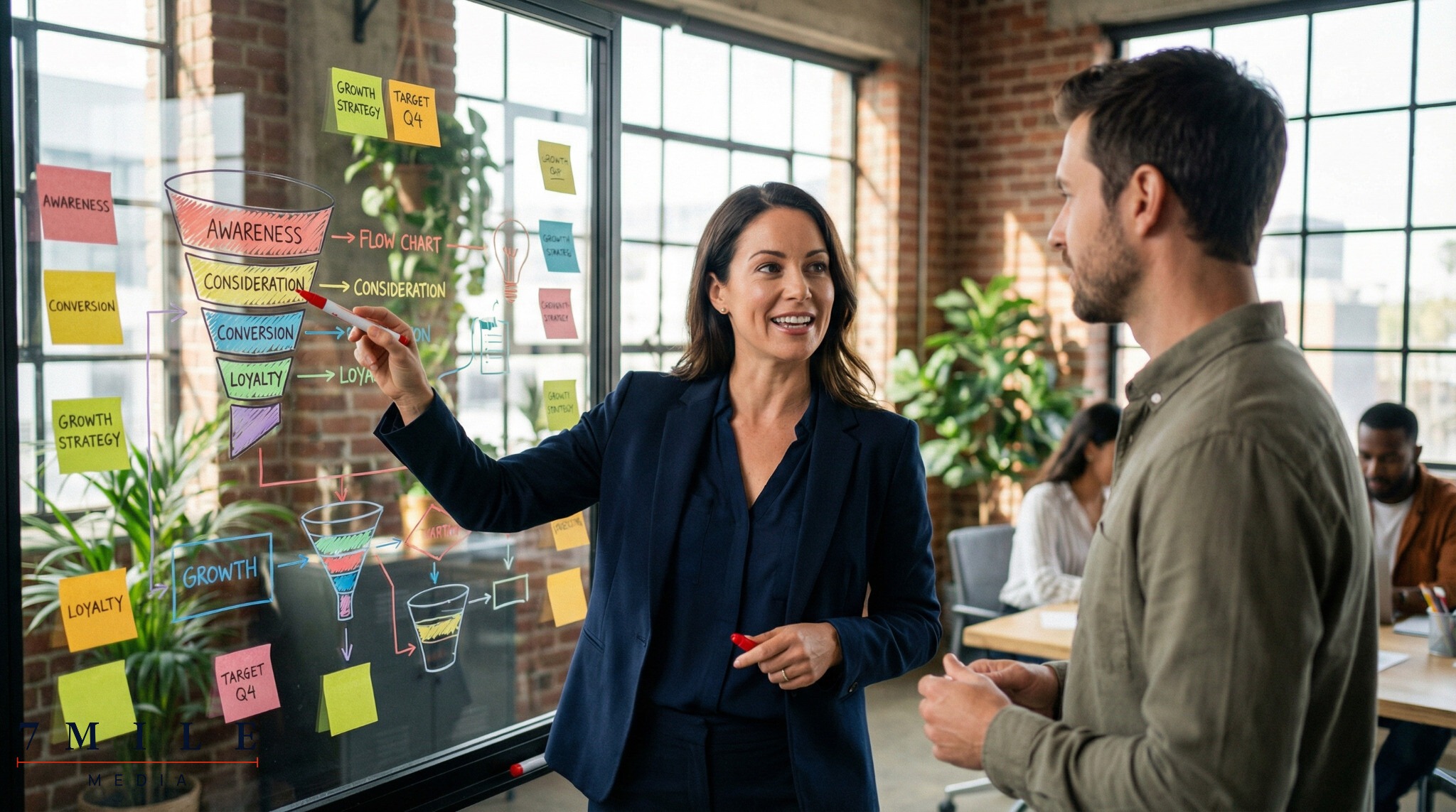 Businesswoman presenting a digital marketing funnel strategy on a glass board in a modern creative workspace.