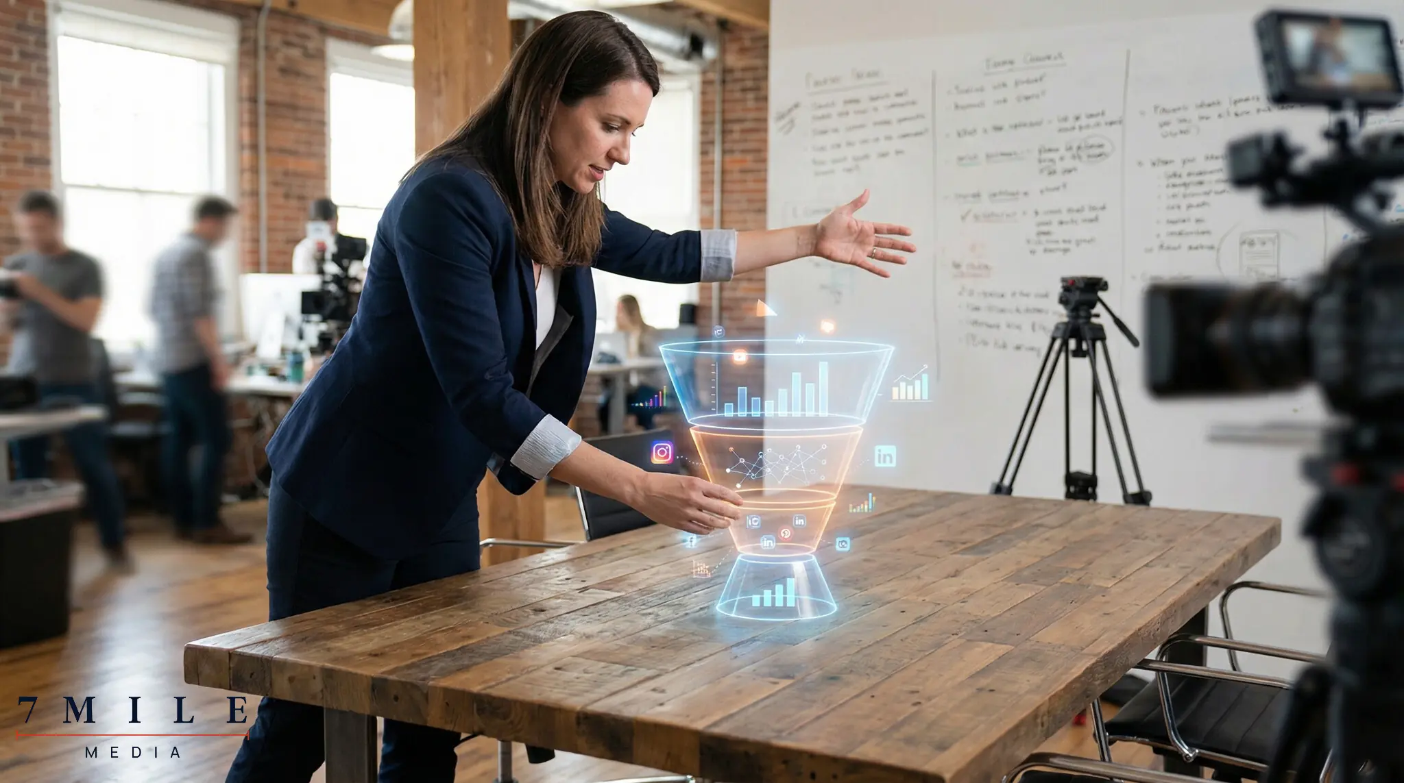 A businesswoman analyzing a multi-layered marketing funnel model with projected data and social media icons in a creative workspace.