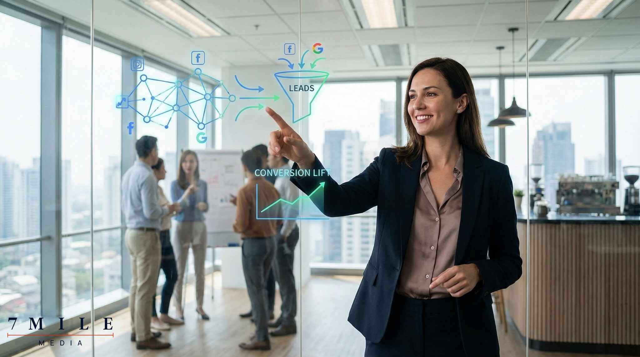 Businesswoman strategizing Facebook and Google ads for service businesses on an interactive dashboard, focusing on lead generation and ROI growth.