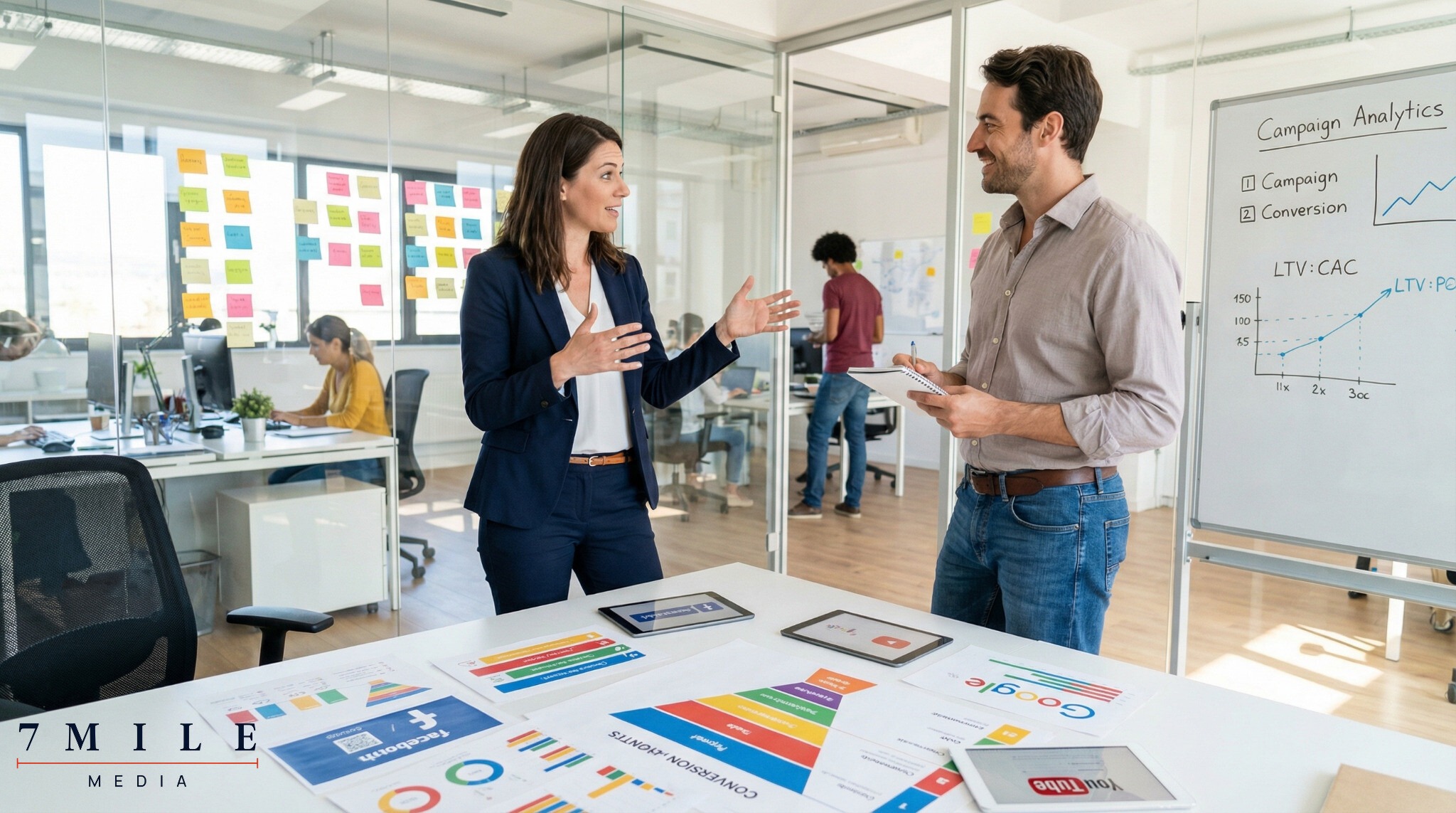 Marketing professionals discussing customer acquisition strategies in a modern agency office with digital campaign dashboards and analytics charts.