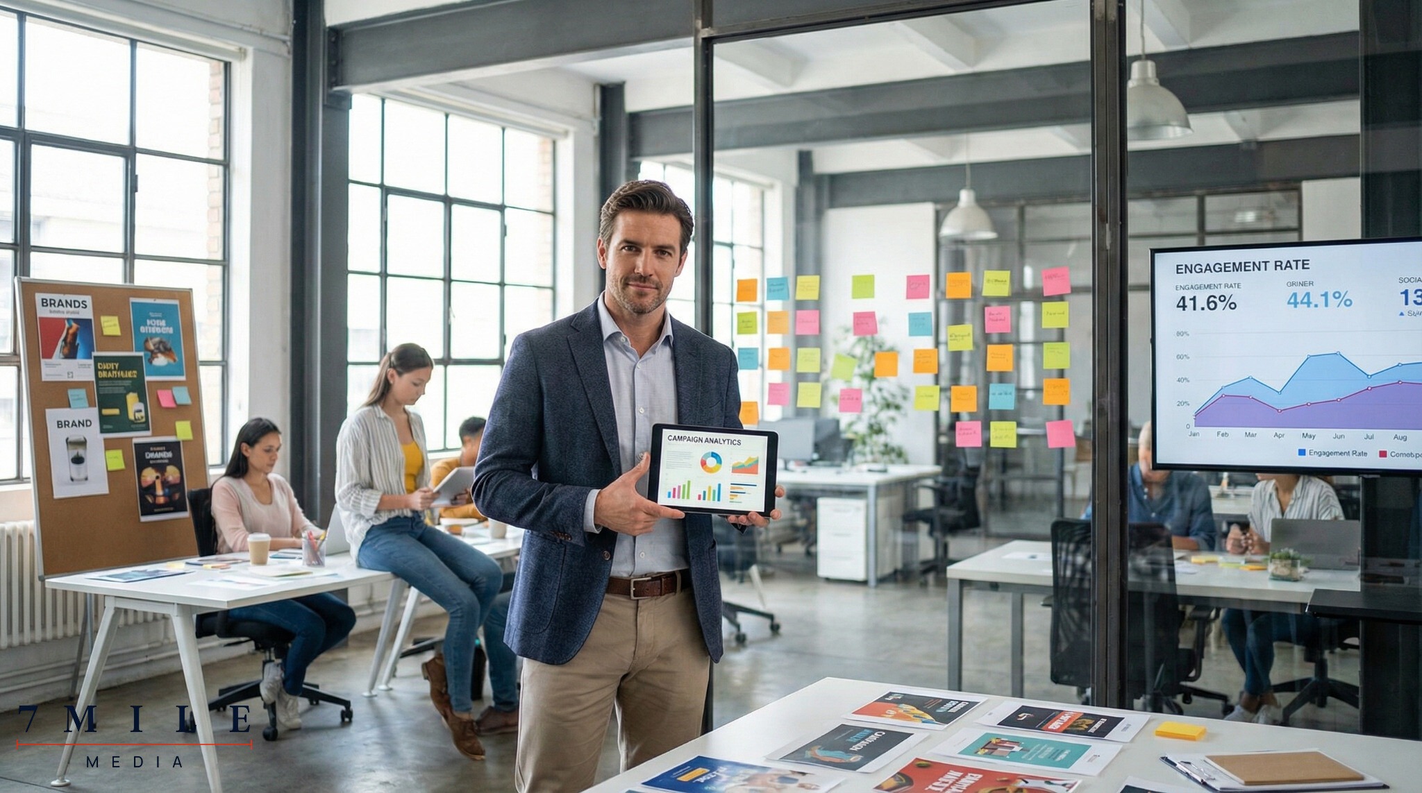 Business professional strategizing direct response advertising with campaign analytics and creative workspace elements.