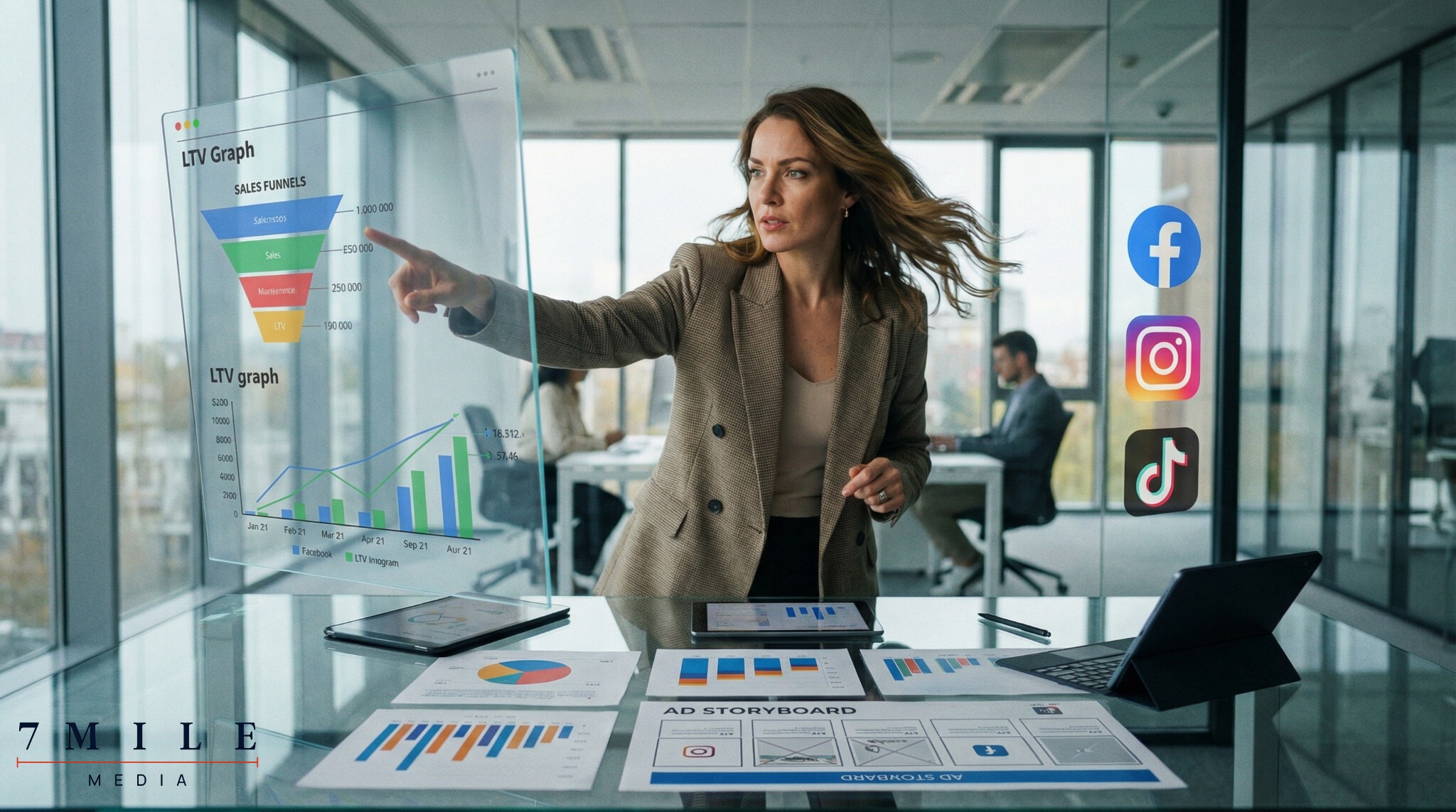 Businesswoman strategizing paid media funnel optimization with data charts and ad storyboards in a modern workspace.