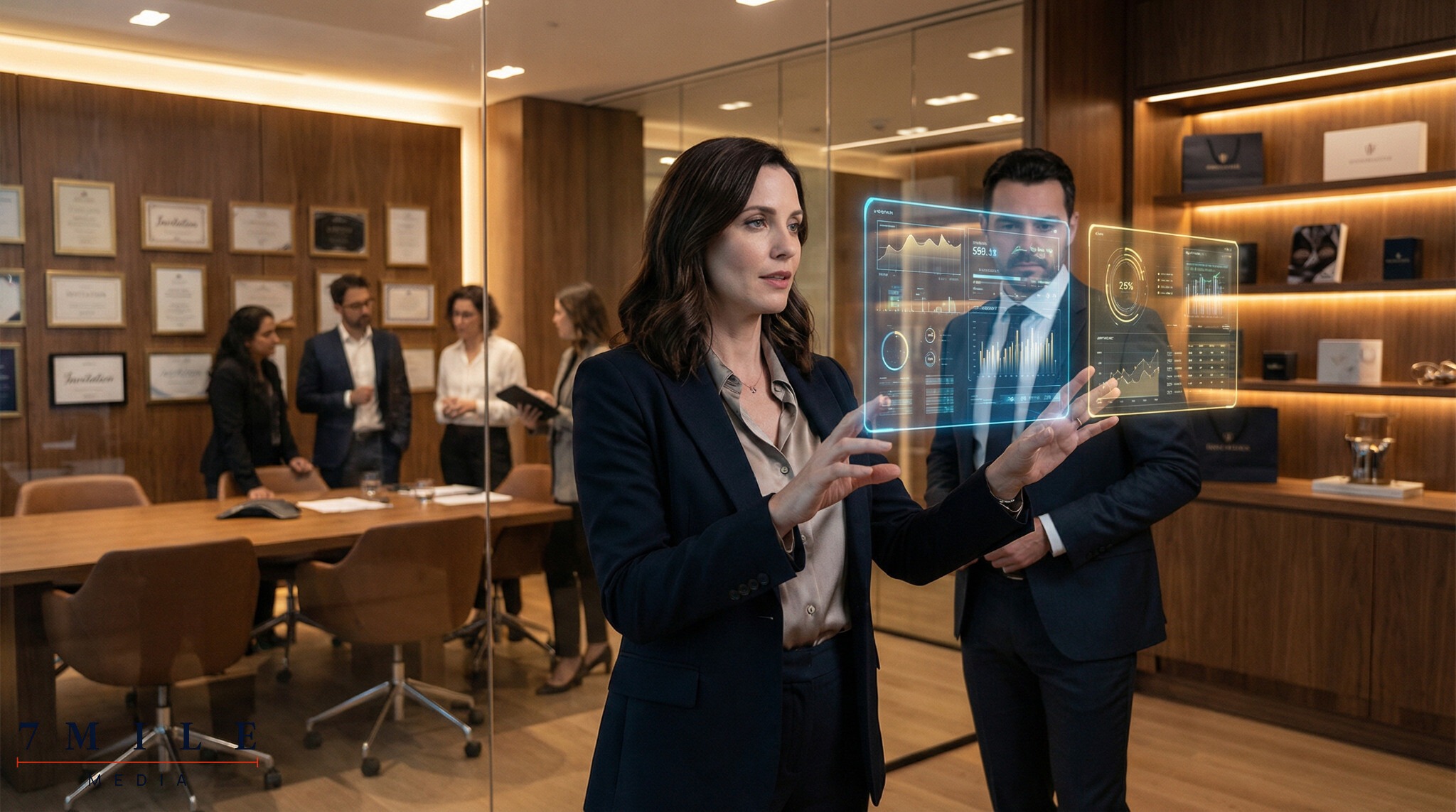 Businesswoman in a luxury marketing environment with holographic digital advertising visuals and premium brand artifacts