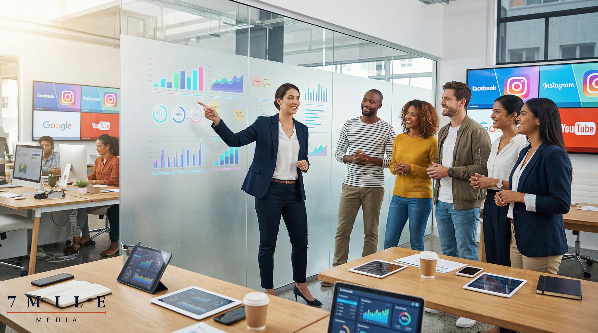 Businesswoman presenting performance marketing campaign results for service-based businesses, with charts and digital ads in a modern workspace.