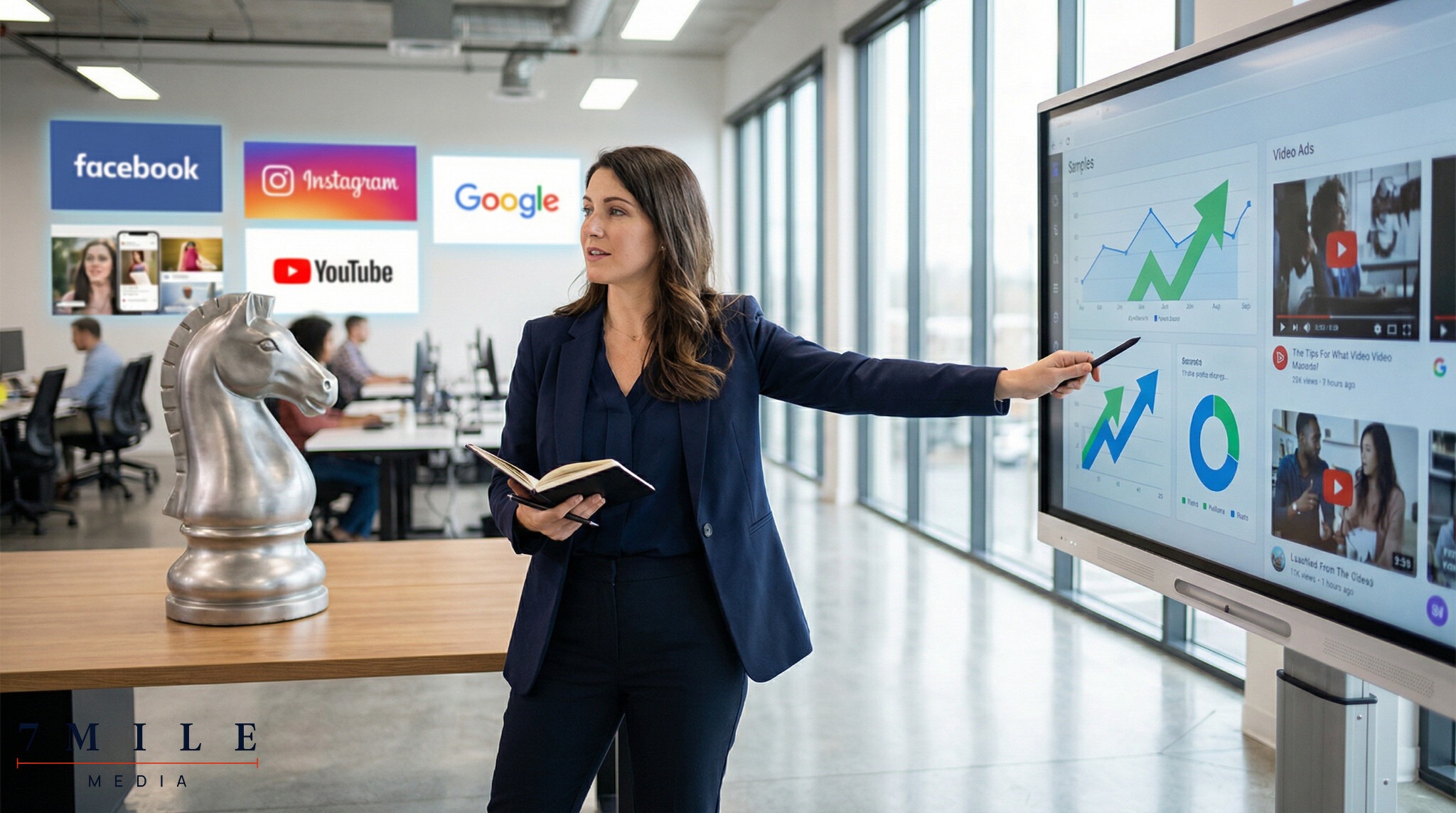 Businesswoman in an office strategizing paid media campaigns with digital dashboard, video ad creatives, and symbolic chess piece representing strategy.