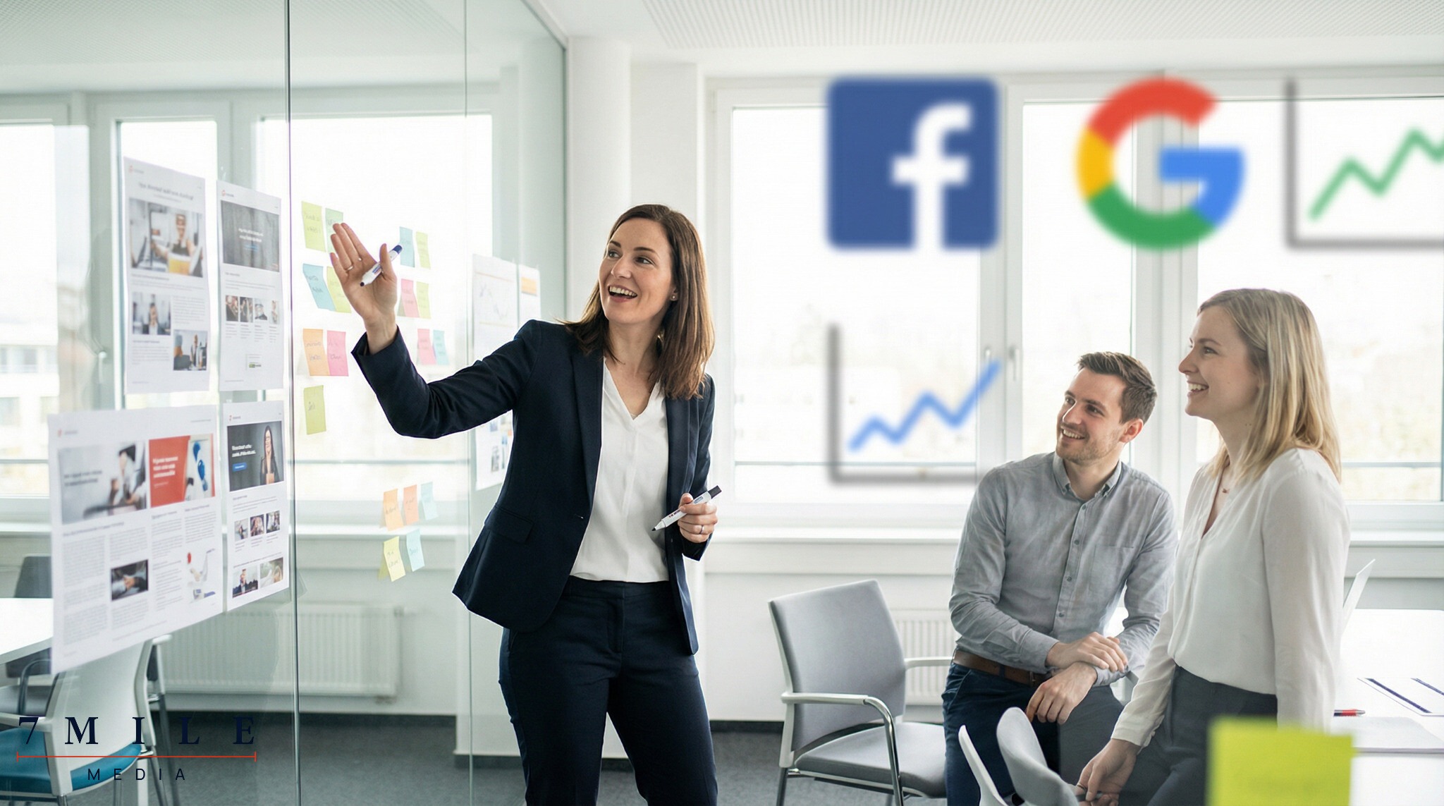 Marketing professional presenting creative ad concepts with data and campaign strategy elements in a collaborative workspace.