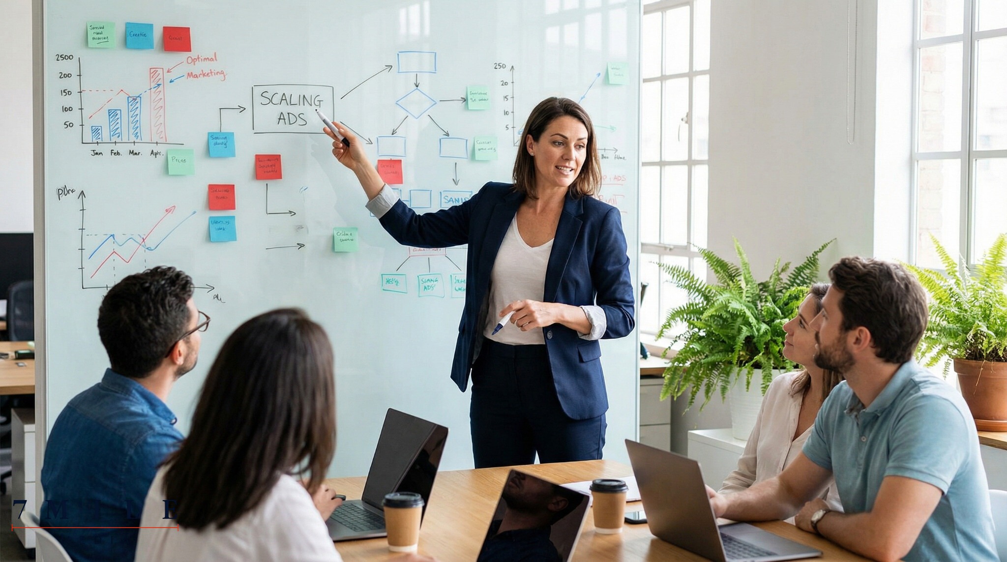 Businesswoman presenting Facebook ad scaling strategies on a whiteboard in a creative office environment