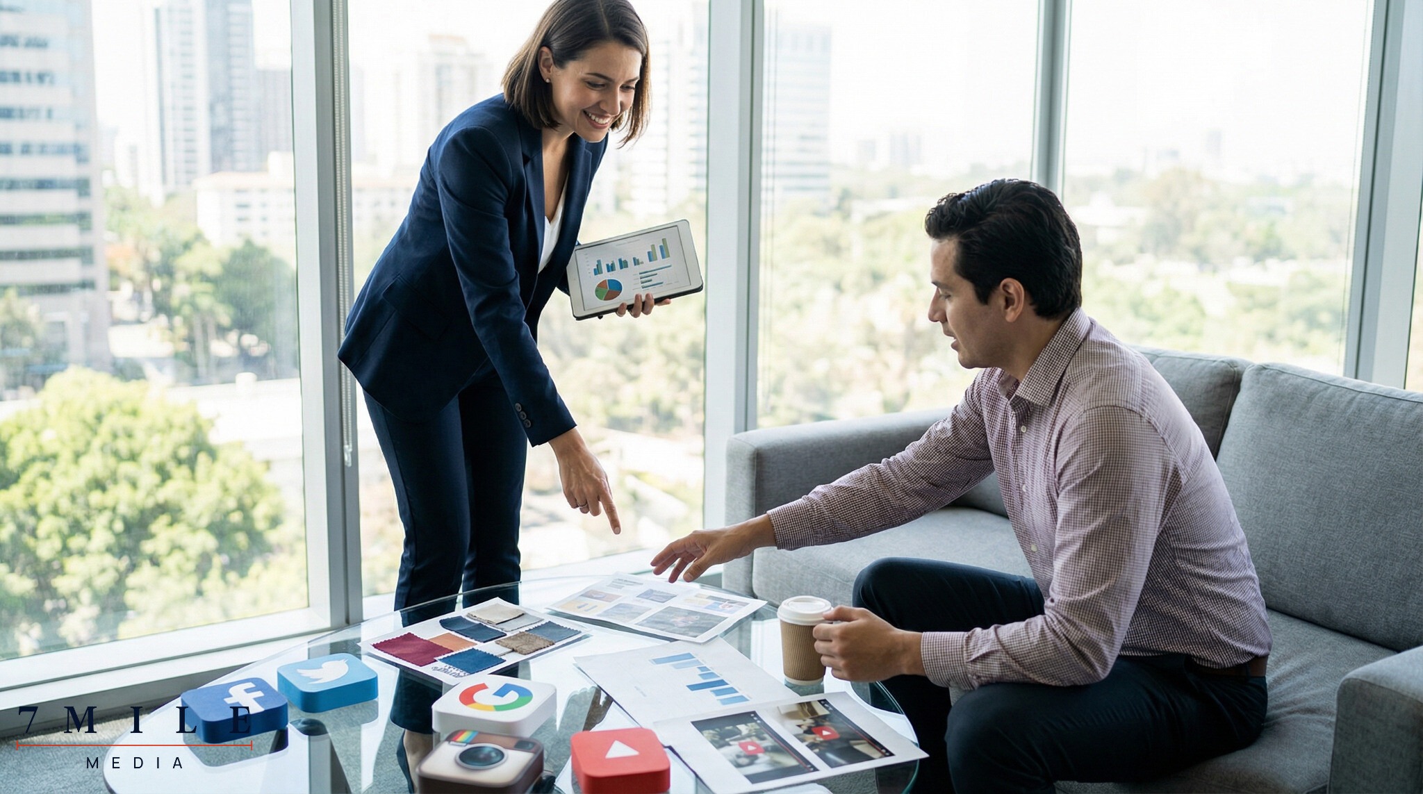 Marketer in business attire reviewing ad campaign creative and analytics materials with a colleague, symbolic icons for major paid channels on the table.