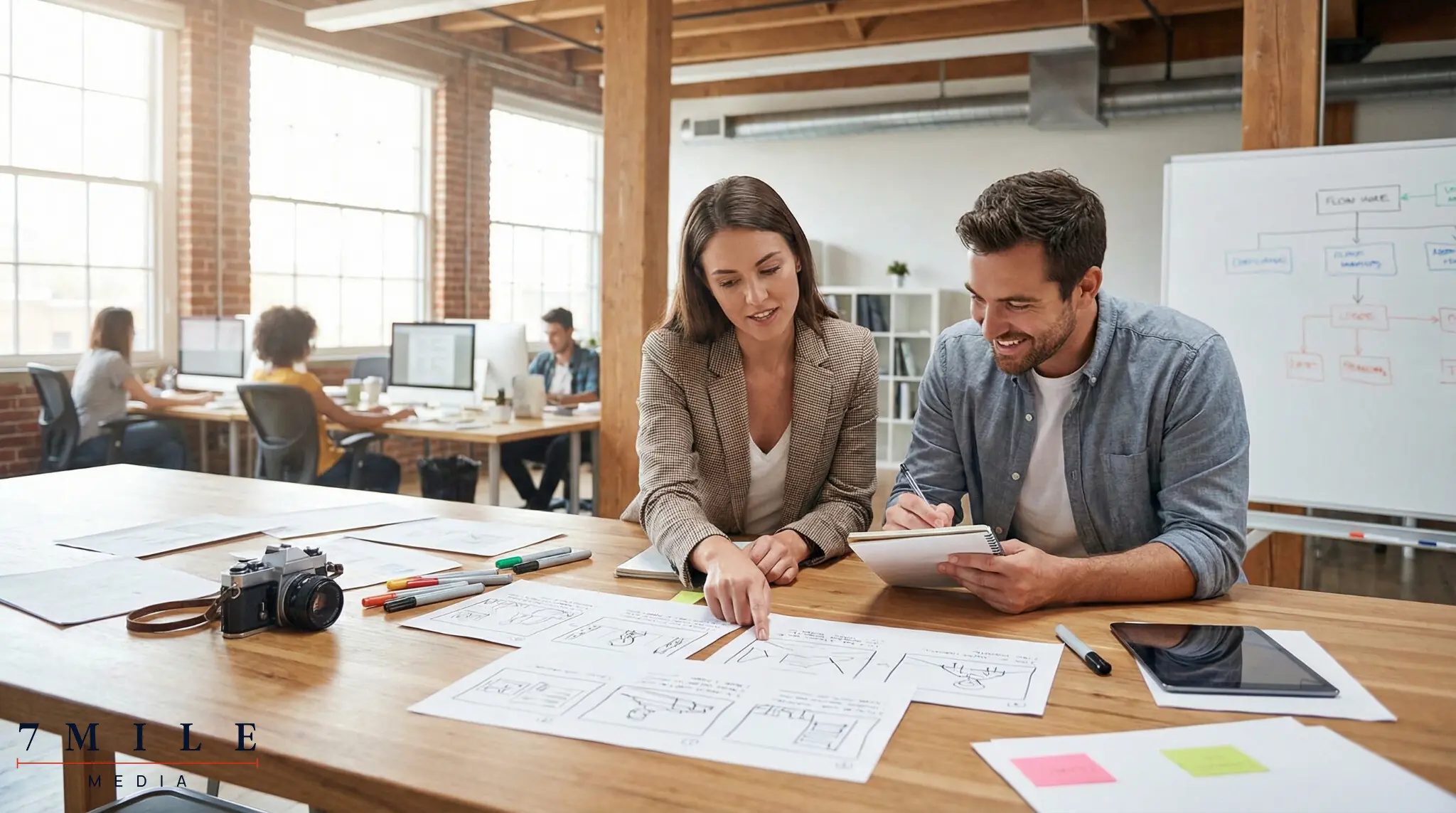 Business professionals collaborating on video marketing strategy in a modern workspace with creative tools.