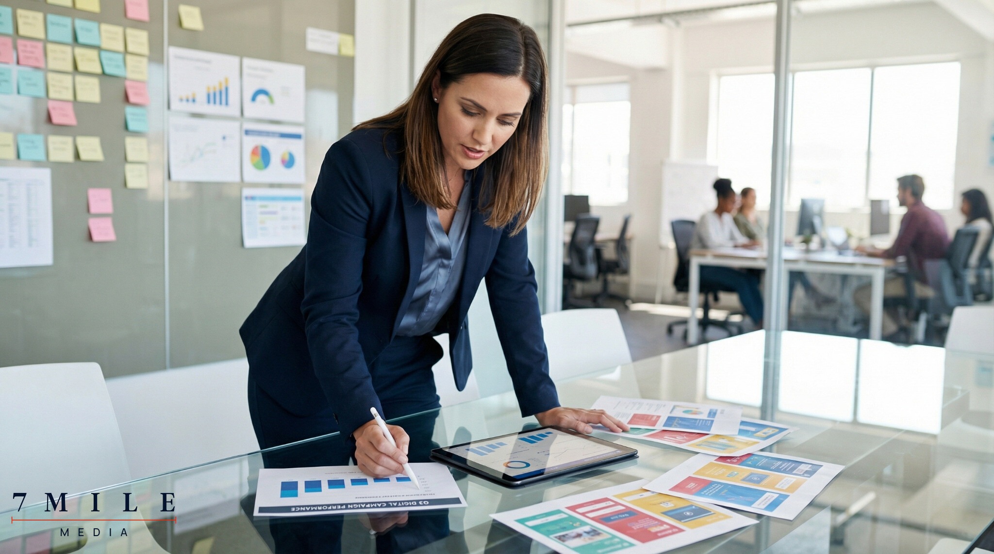 Businesswoman in modern office analyzing digital advertising campaign data and creative assets for agency selection